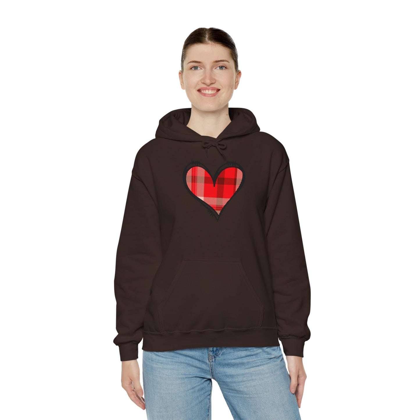 Love Hoodie with Plaid Heart on Front and Bold Love Design on Back