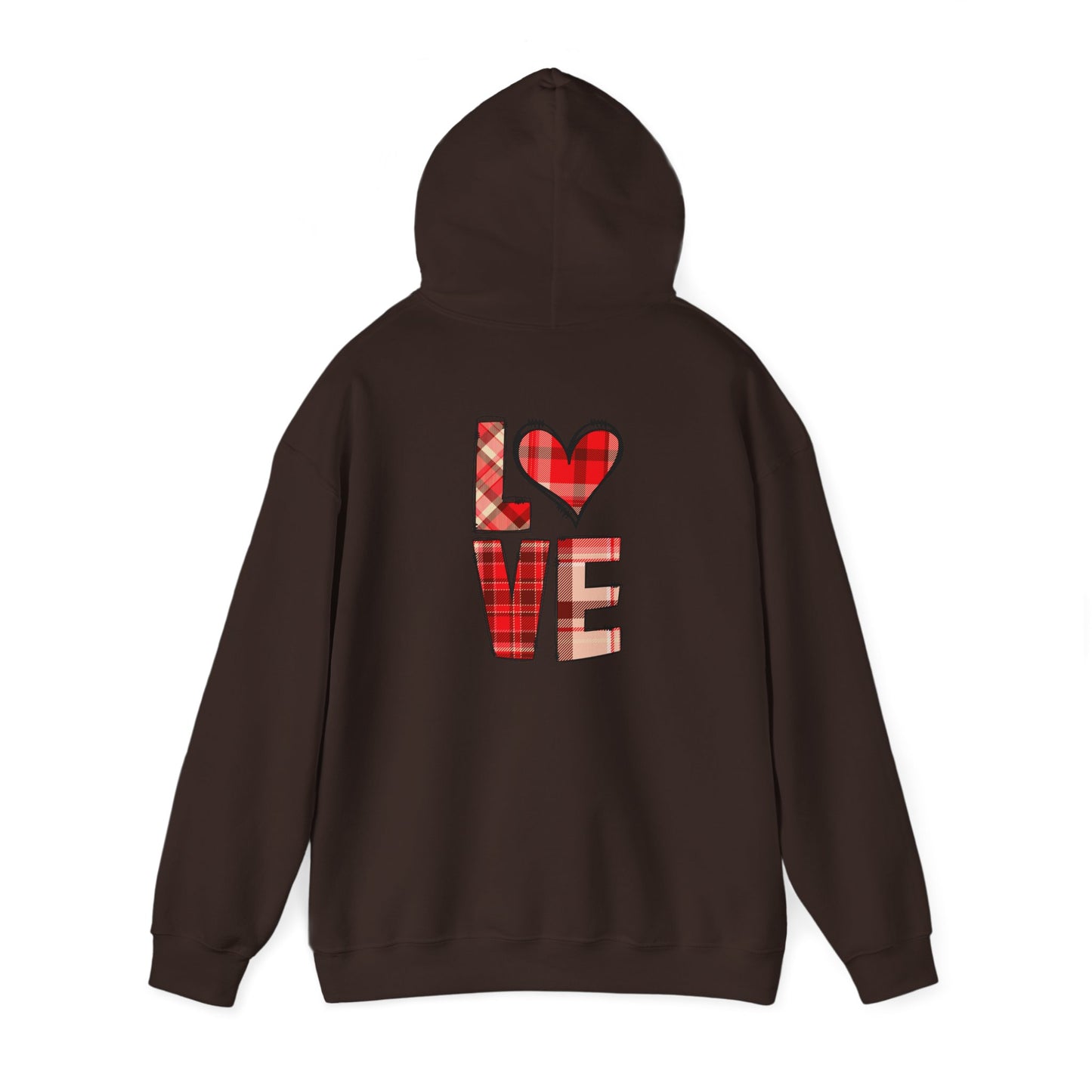Love Hoodie with Plaid Heart on Front and Bold Love Design on Back