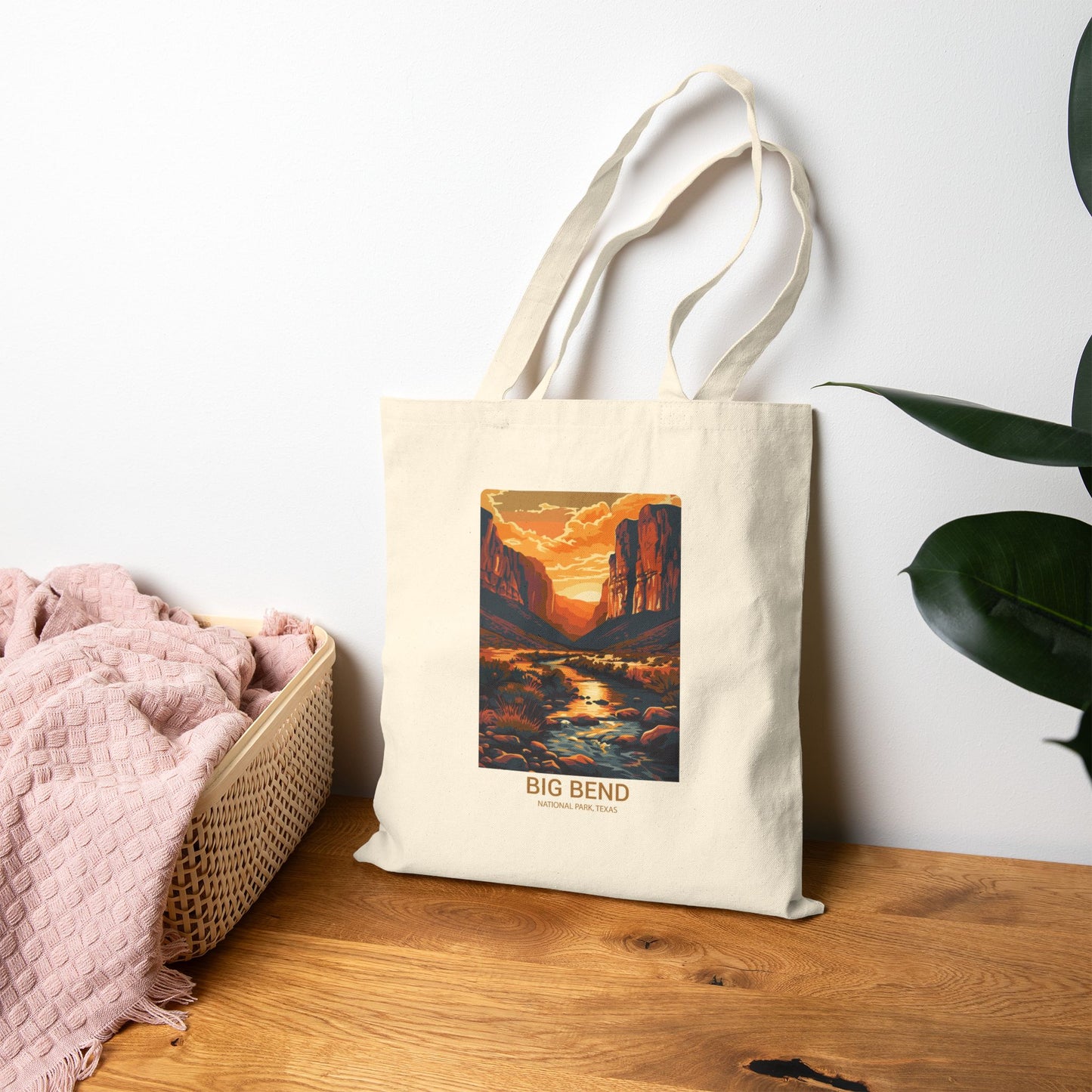 Big Bend National Park Sunset Tote Bag — Retro Desert Landscape Cotton Canvas Tote