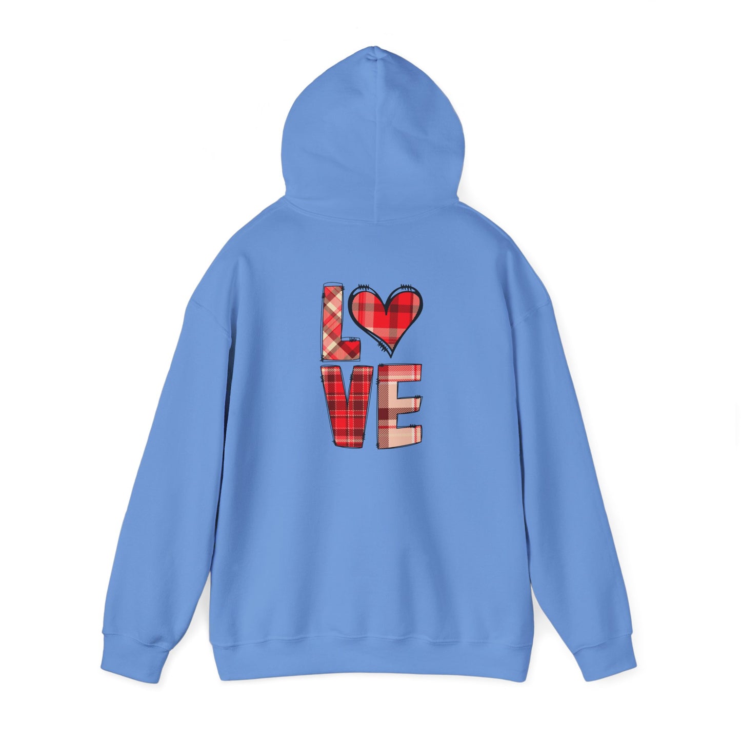 Love Hoodie with Plaid Heart on Front and Bold Love Design on Back