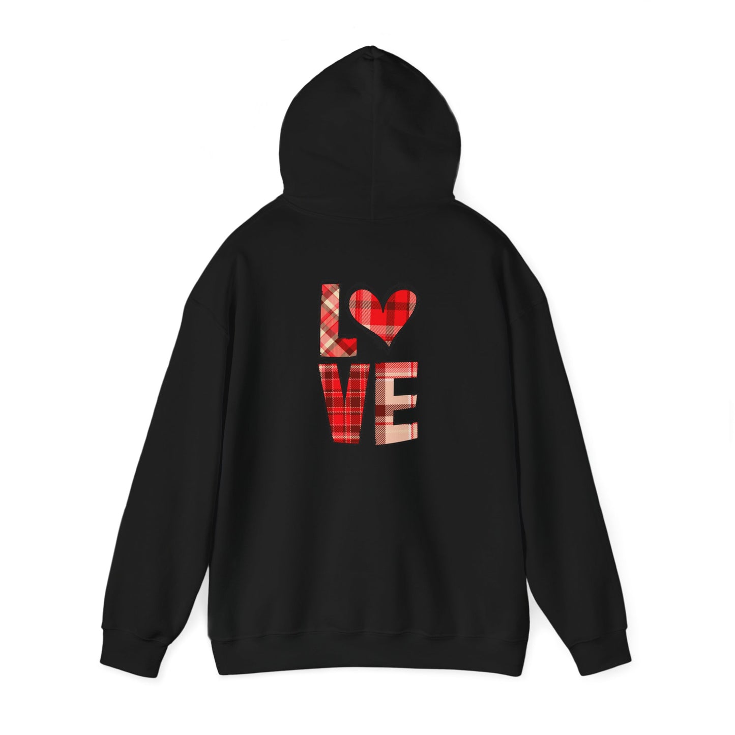 Love Hoodie with Plaid Heart on Front and Bold Love Design on Back