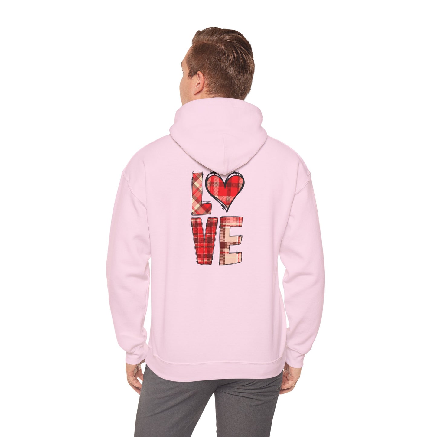 Love Hoodie with Plaid Heart on Front and Bold Love Design on Back