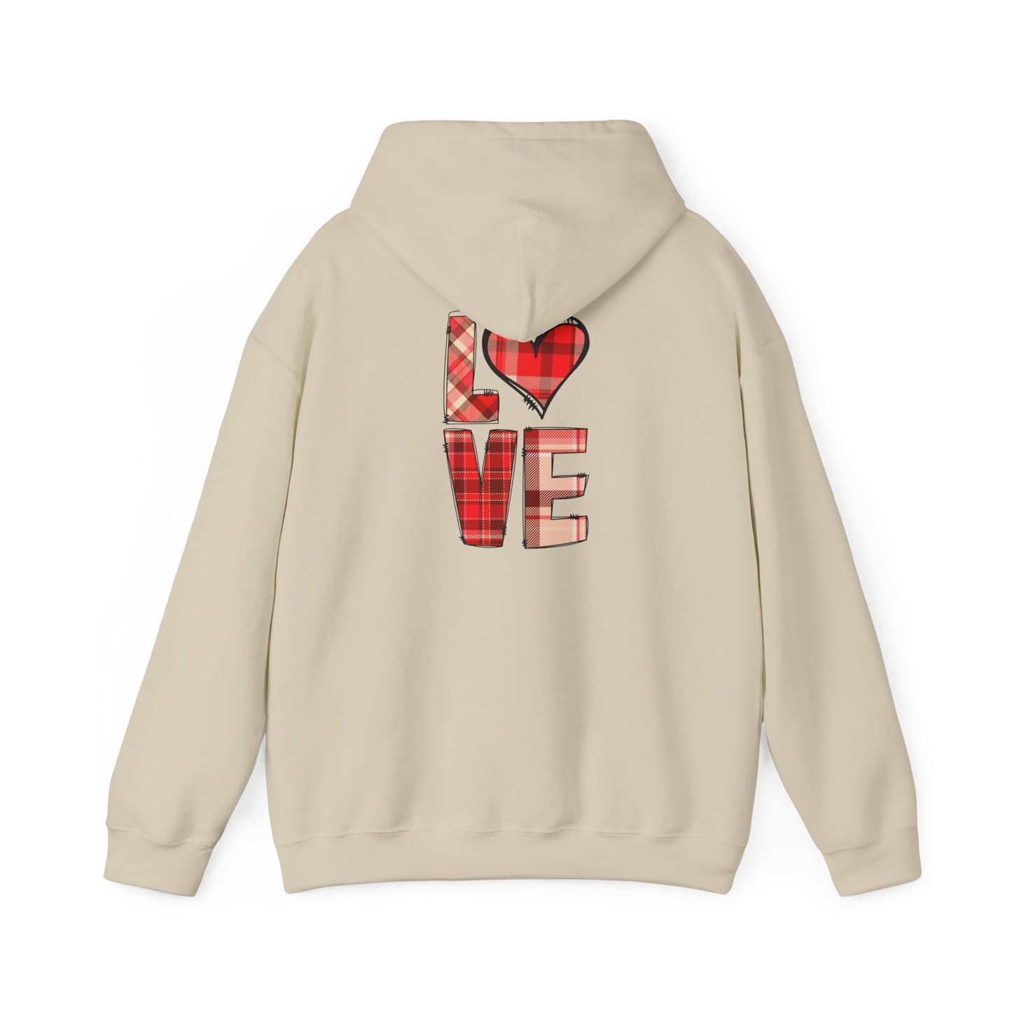 Love Hoodie with Plaid Heart on Front and Bold Love Design on Back