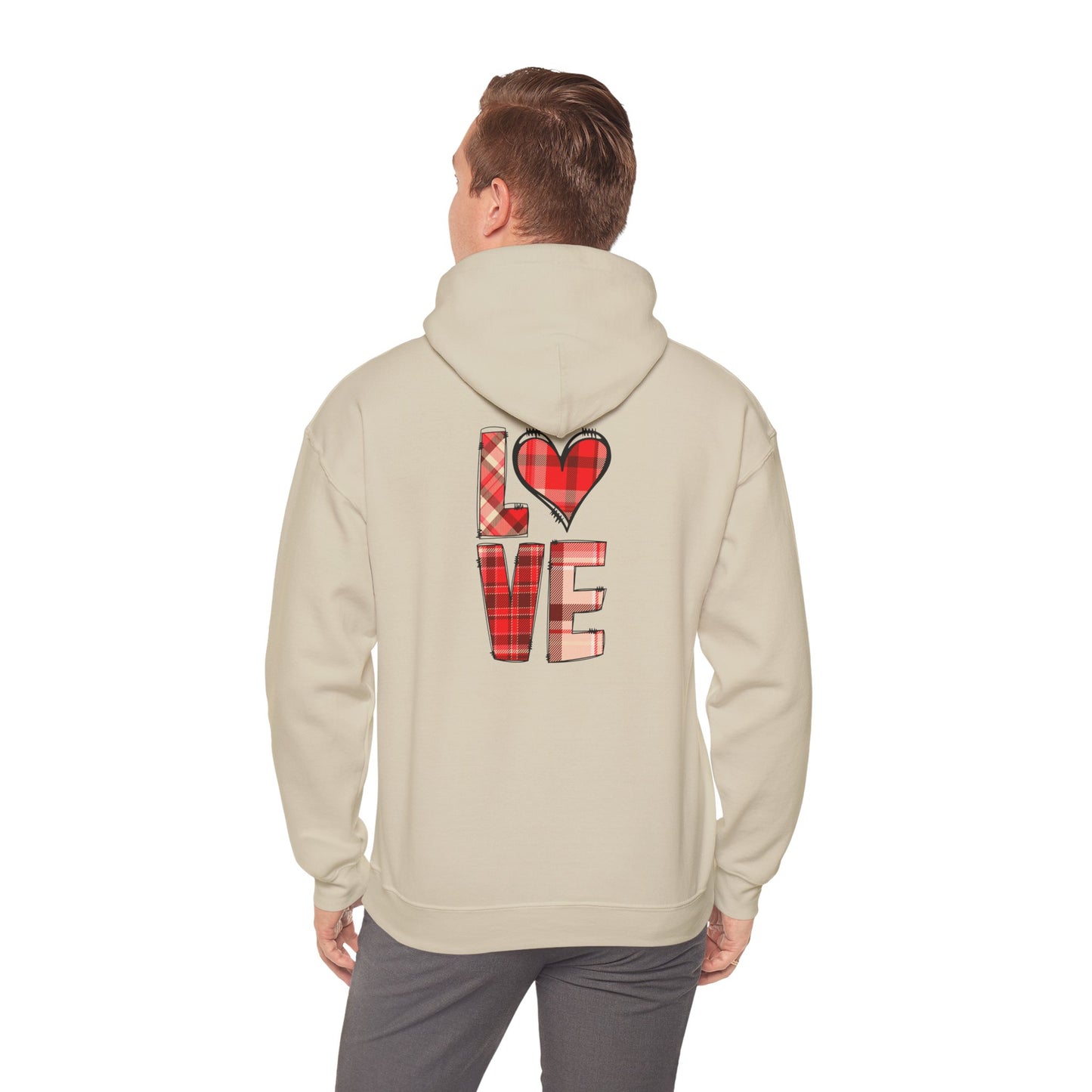 Love Hoodie with Plaid Heart on Front and Bold Love Design on Back