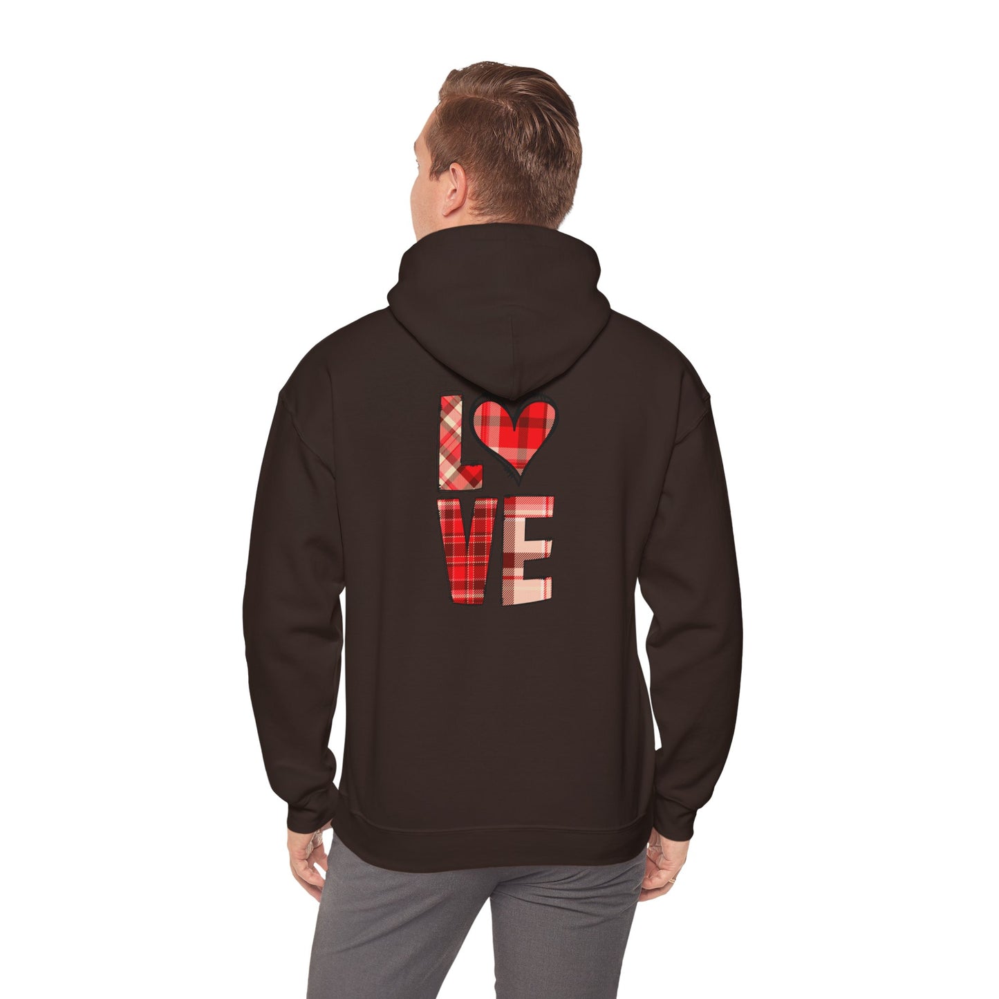 Love Hoodie with Plaid Heart on Front and Bold Love Design on Back