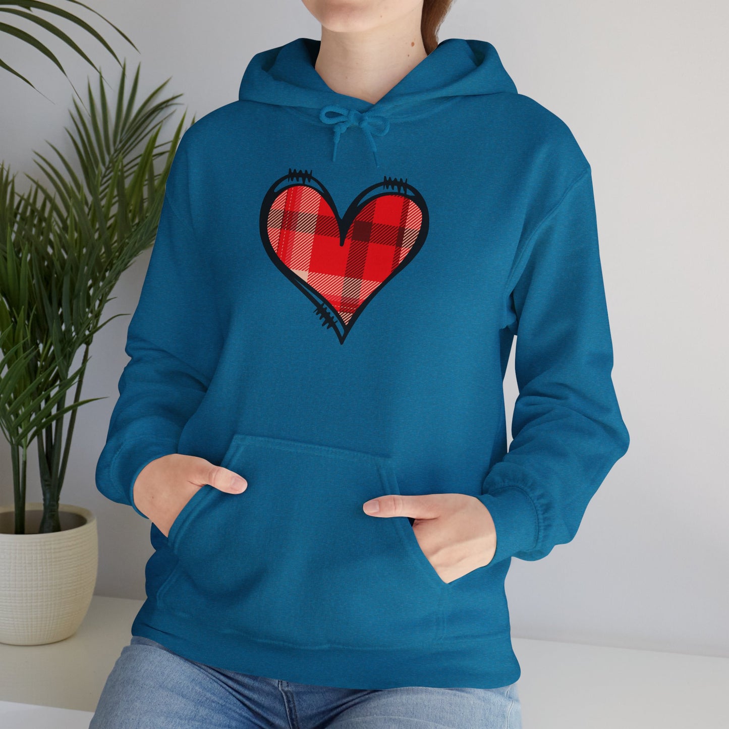 Love Hoodie with Plaid Heart on Front and Bold Love Design on Back
