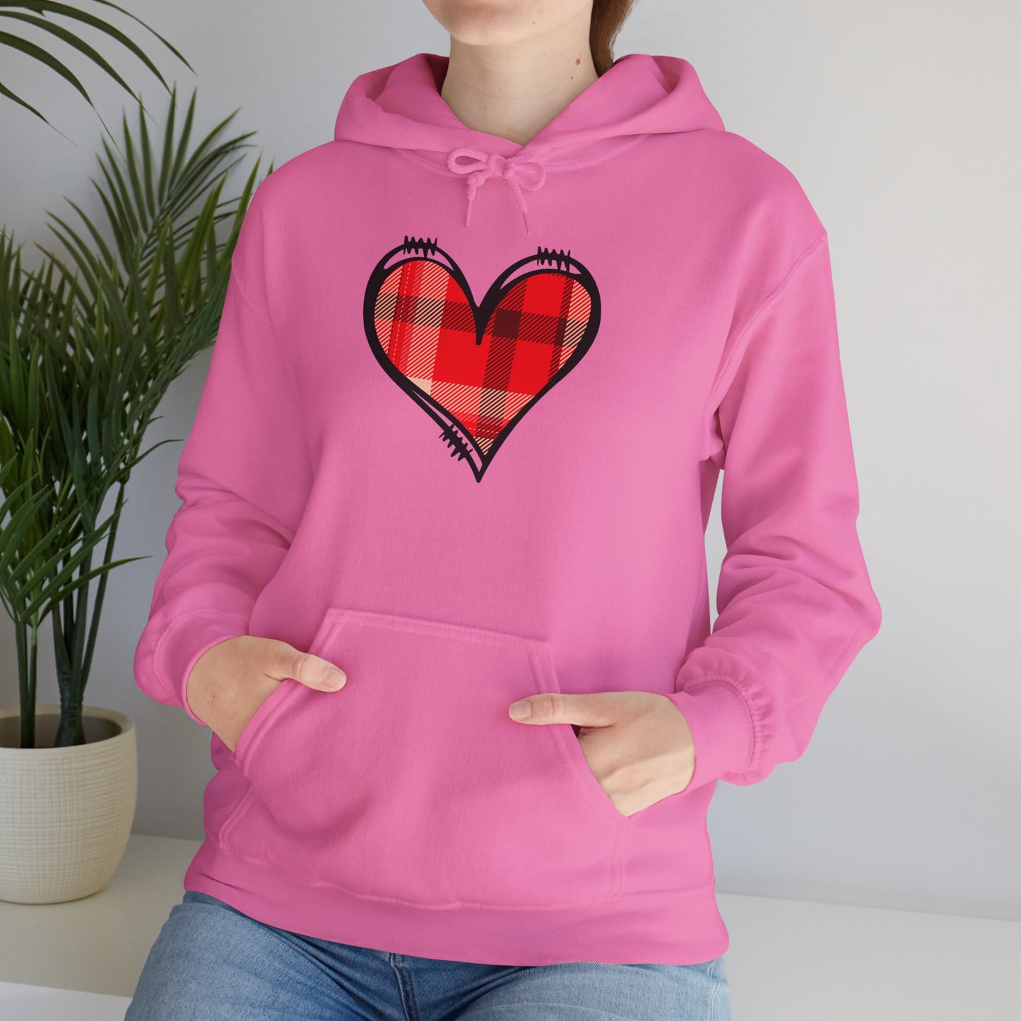 Love Hoodie with Plaid Heart on Front and Bold Love Design on Back