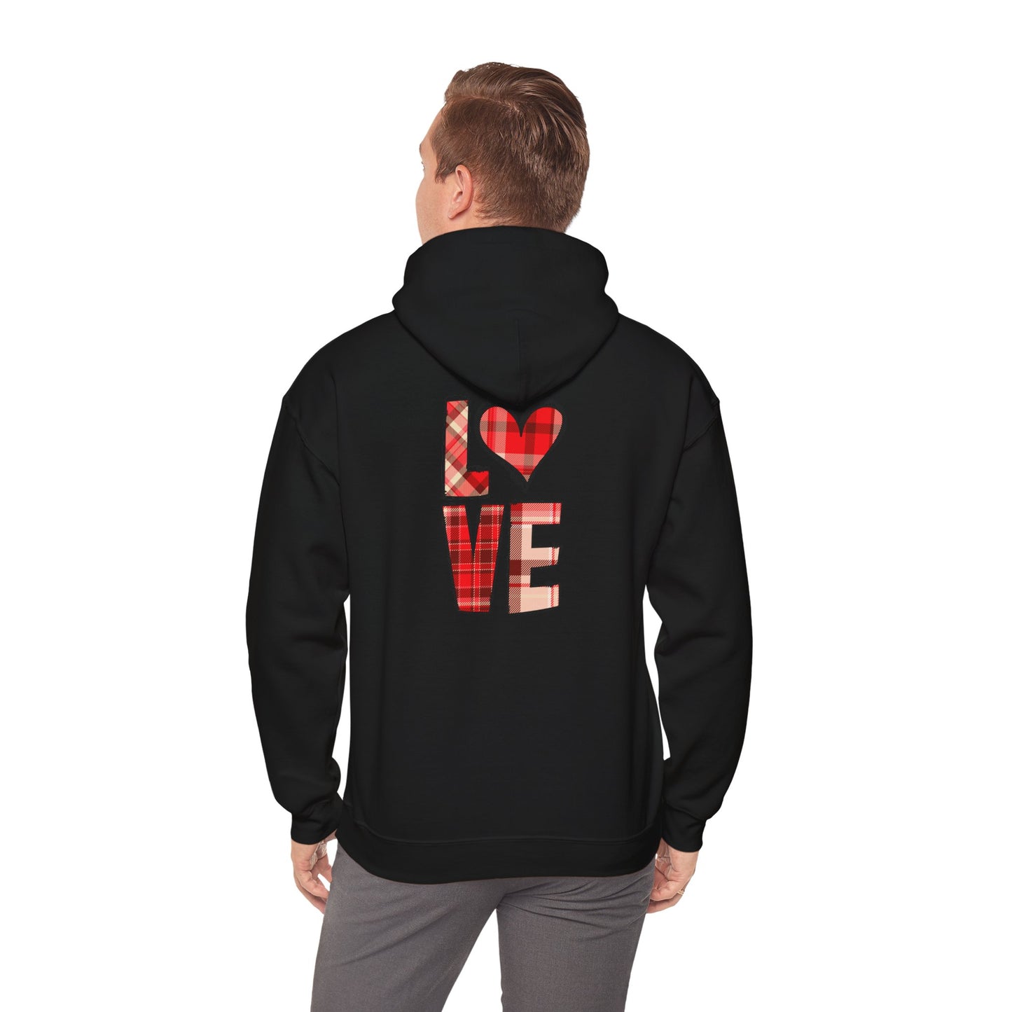 Love Hoodie with Plaid Heart on Front and Bold Love Design on Back