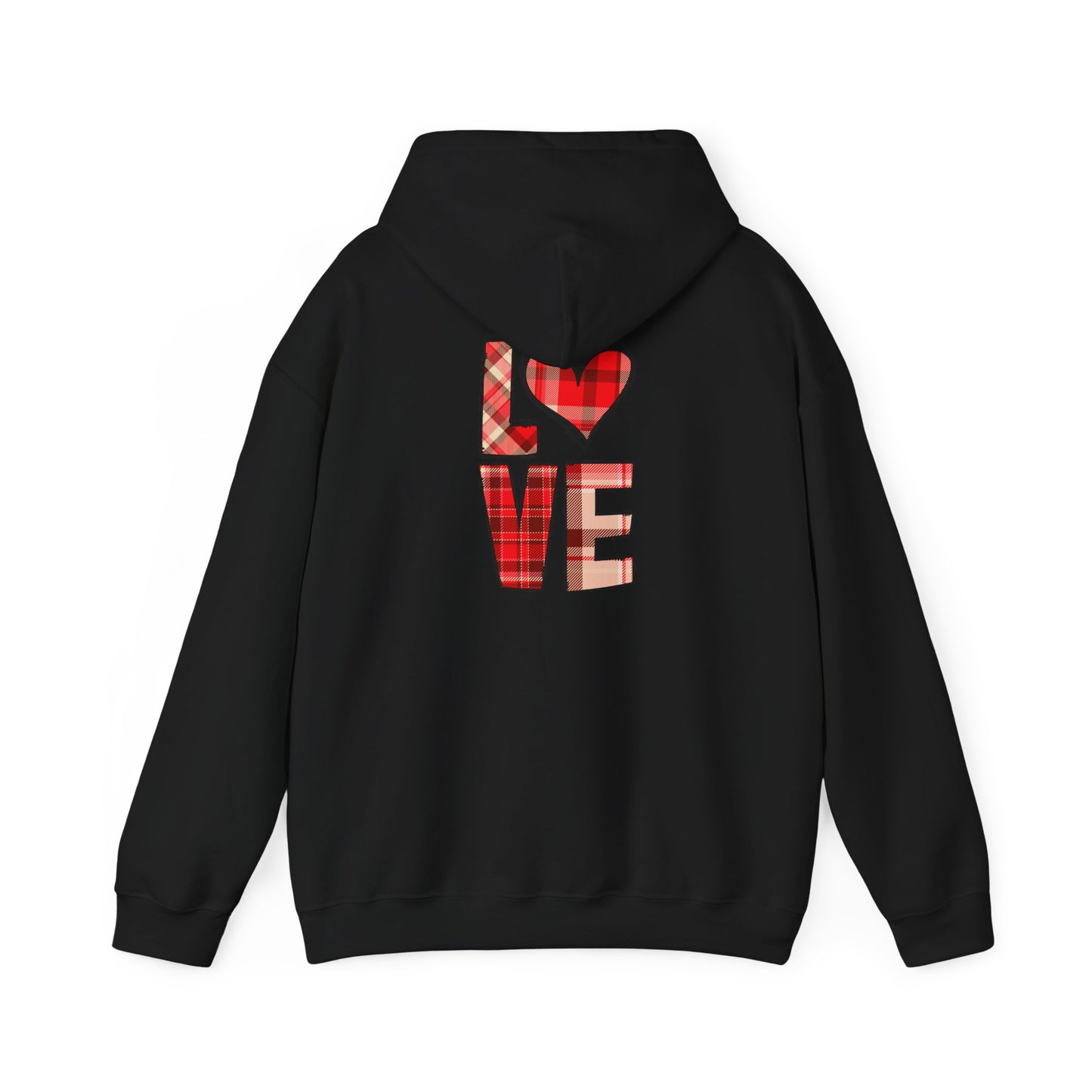 Love Hoodie with Plaid Heart on Front and Bold Love Design on Back