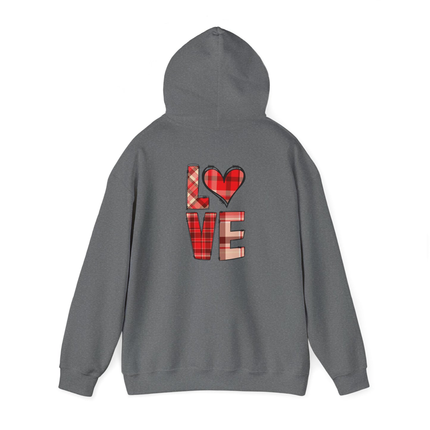 Love Hoodie with Plaid Heart on Front and Bold Love Design on Back
