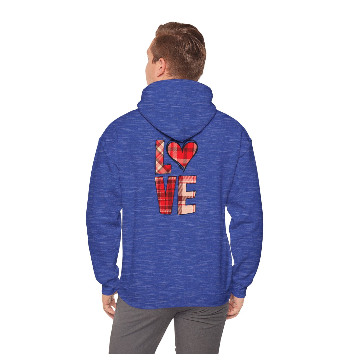Love Hoodie with Plaid Heart on Front and Bold Love Design on Back