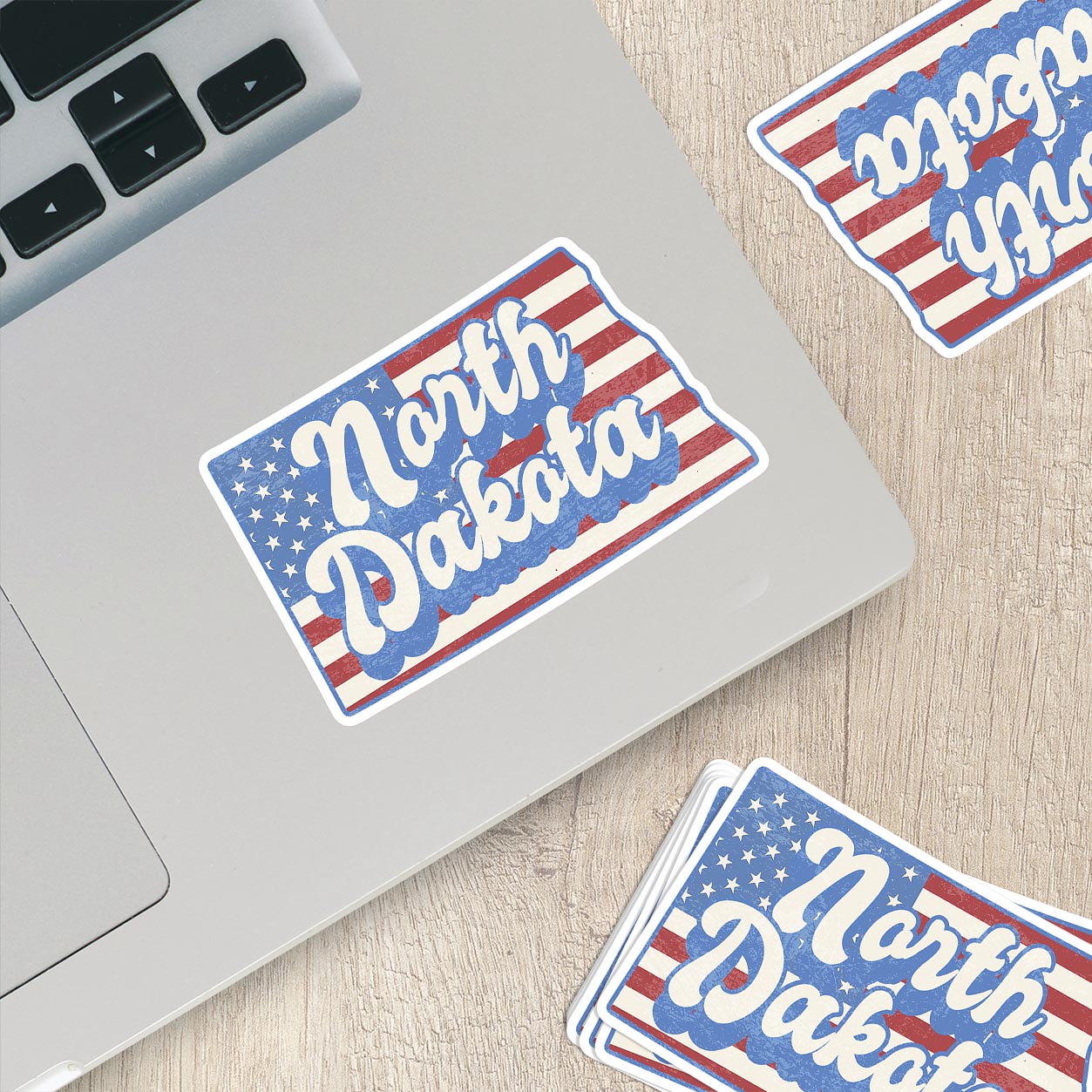 North Dakota State Sticker with American Flag Background | Weatherproof Vinyl Decal