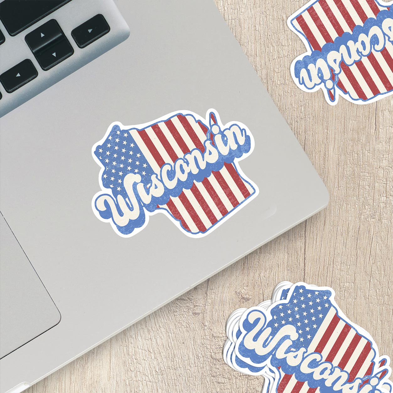 Wisconsin State Sticker with American Flag Background | Weatherproof Vinyl Decal