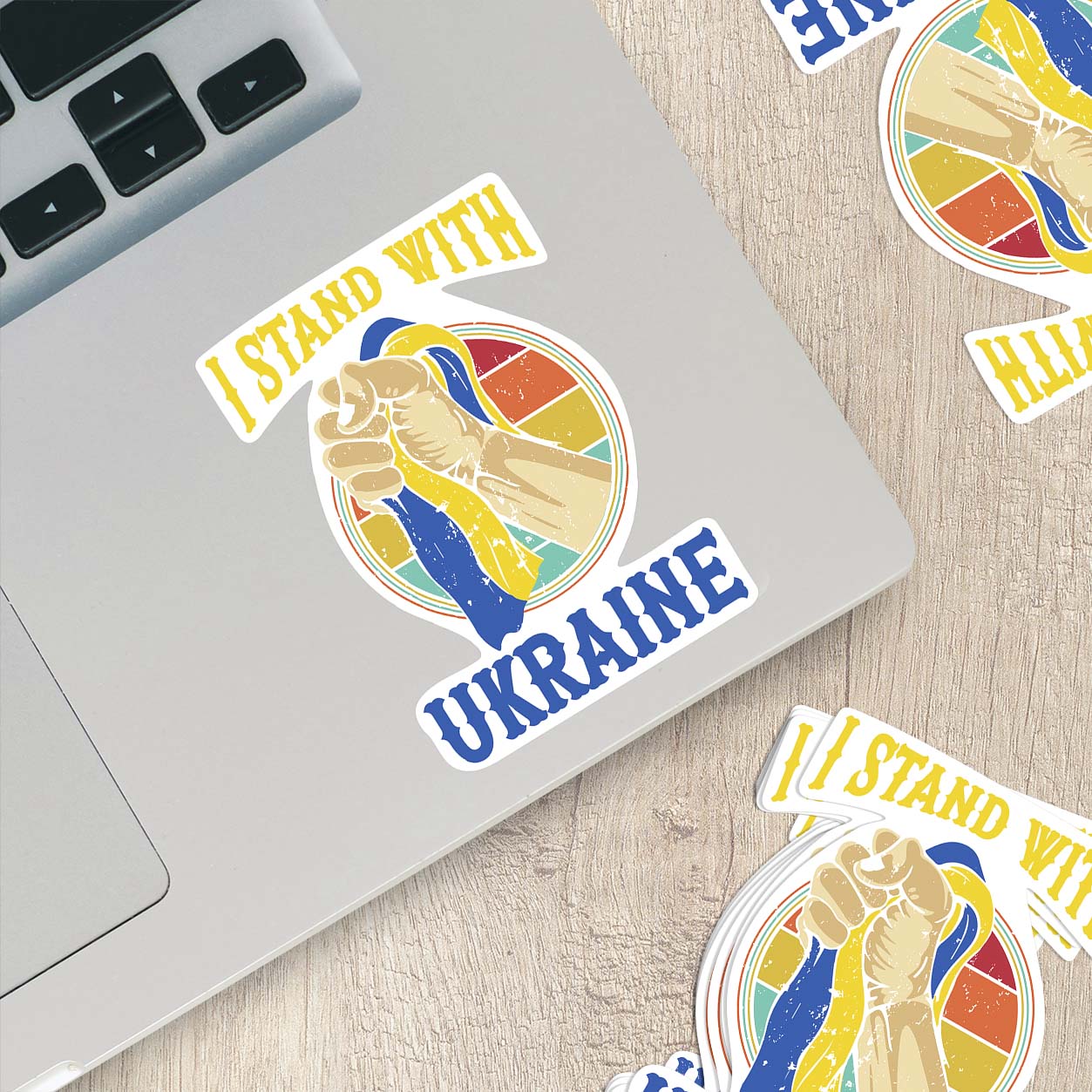 I Stand with Ukraine – Raised Fist Holding Ukrainian Flag Sticker