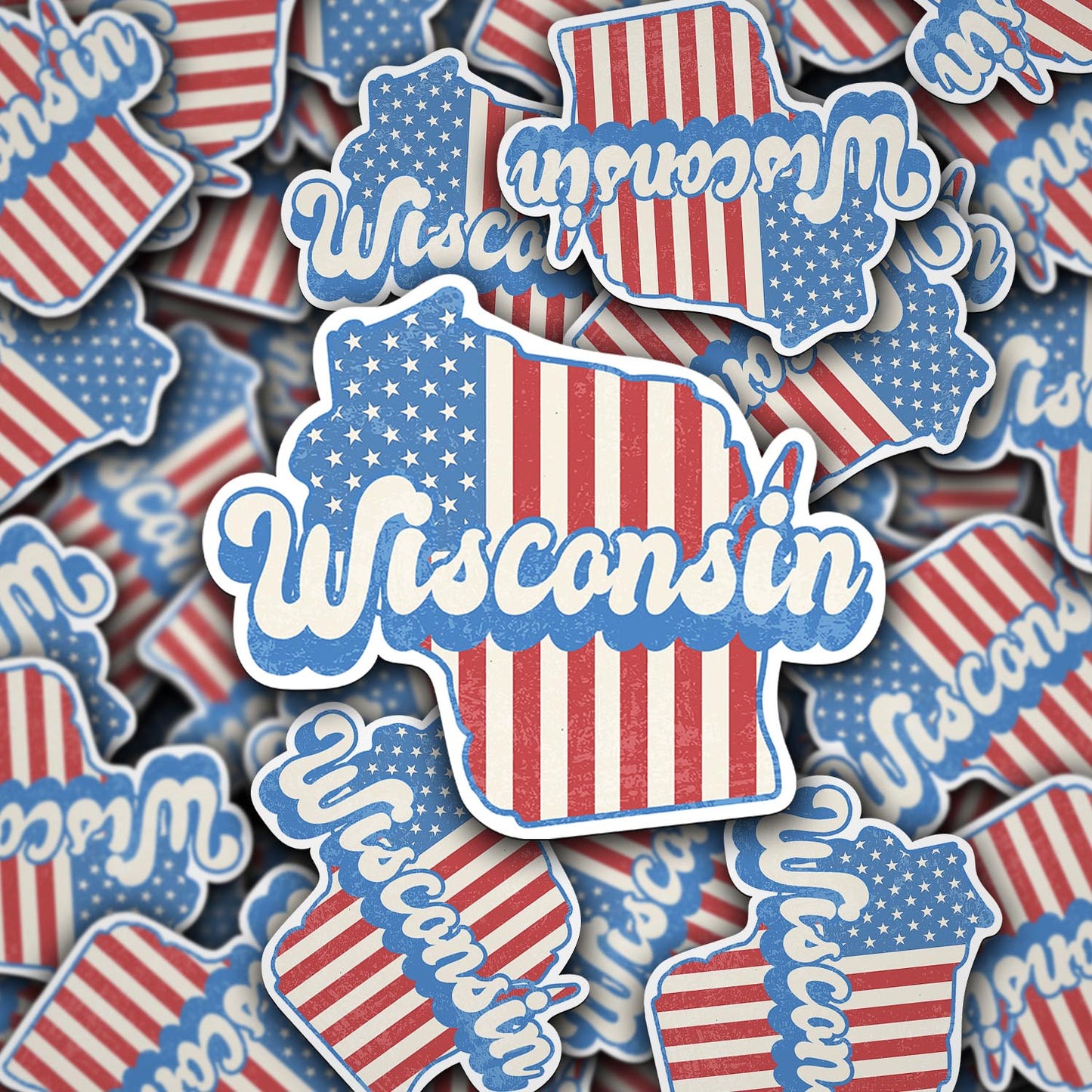 Wisconsin State Sticker with American Flag Background | Weatherproof Vinyl Decal