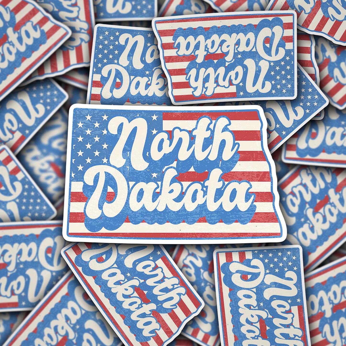 North Dakota State Sticker with American Flag Background | Weatherproof Vinyl Decal