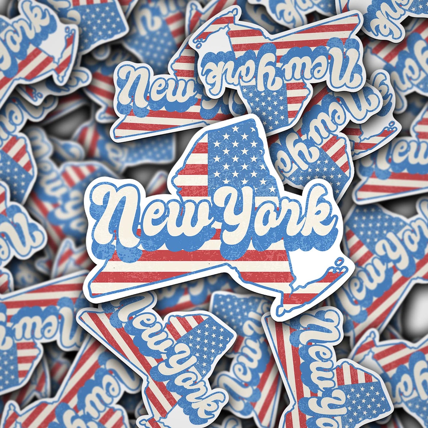 New York State Sticker with American Flag Background | Weatherproof Vinyl Decal