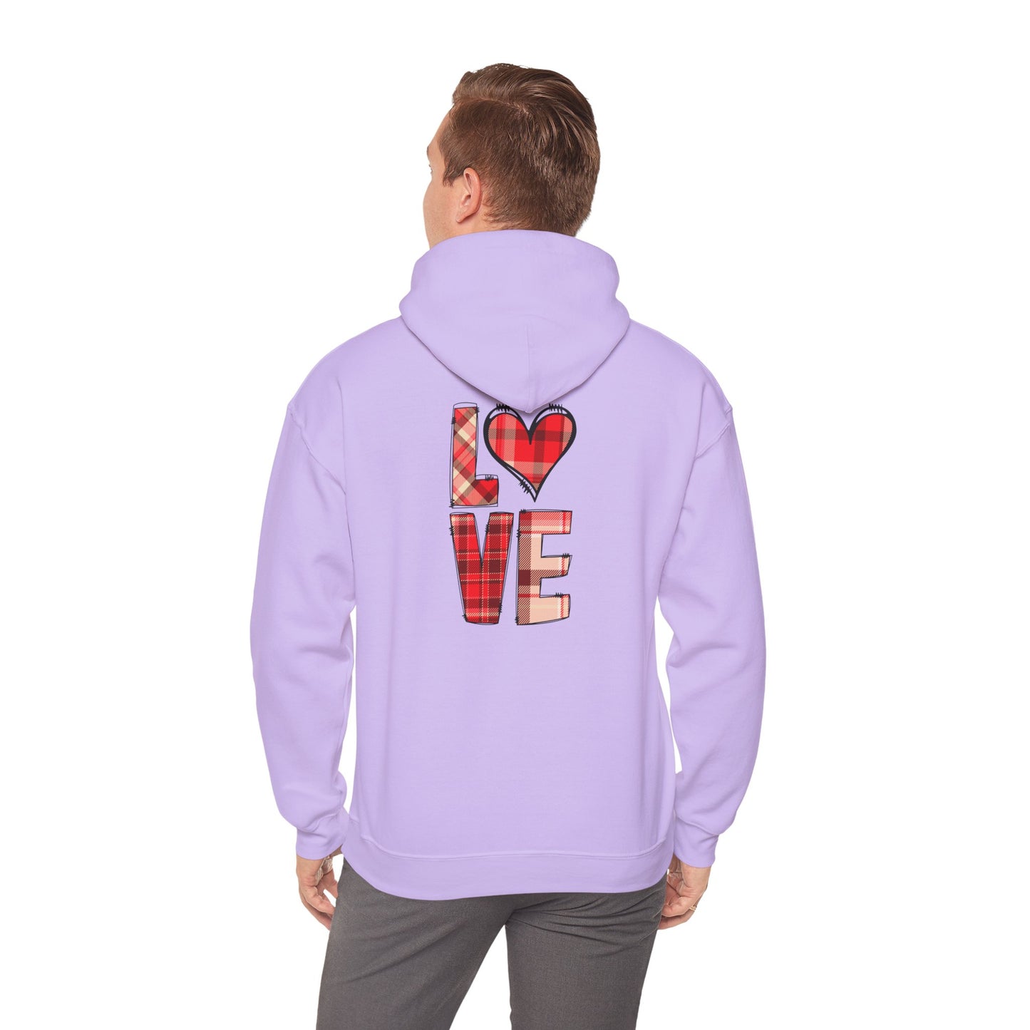 Love Hoodie with Plaid Heart on Front and Bold Love Design on Back