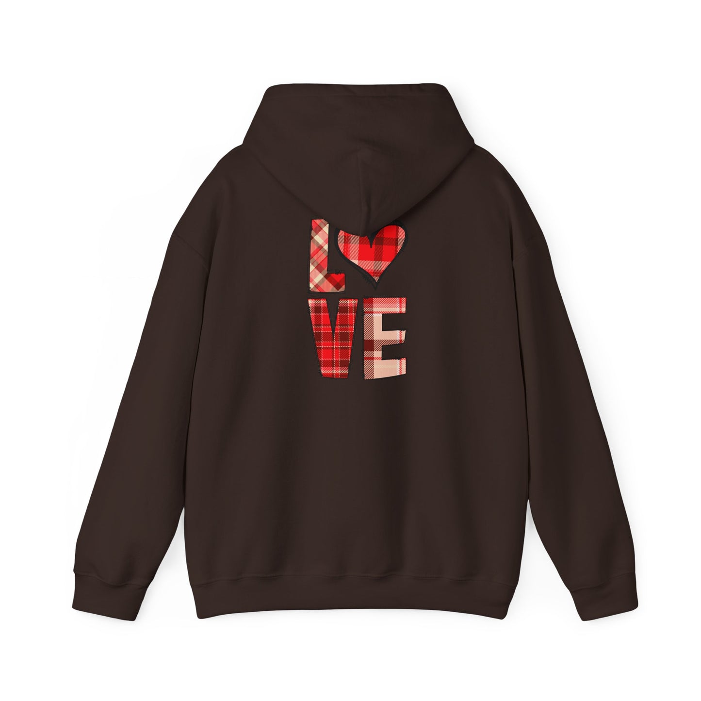 Love Hoodie with Plaid Heart on Front and Bold Love Design on Back