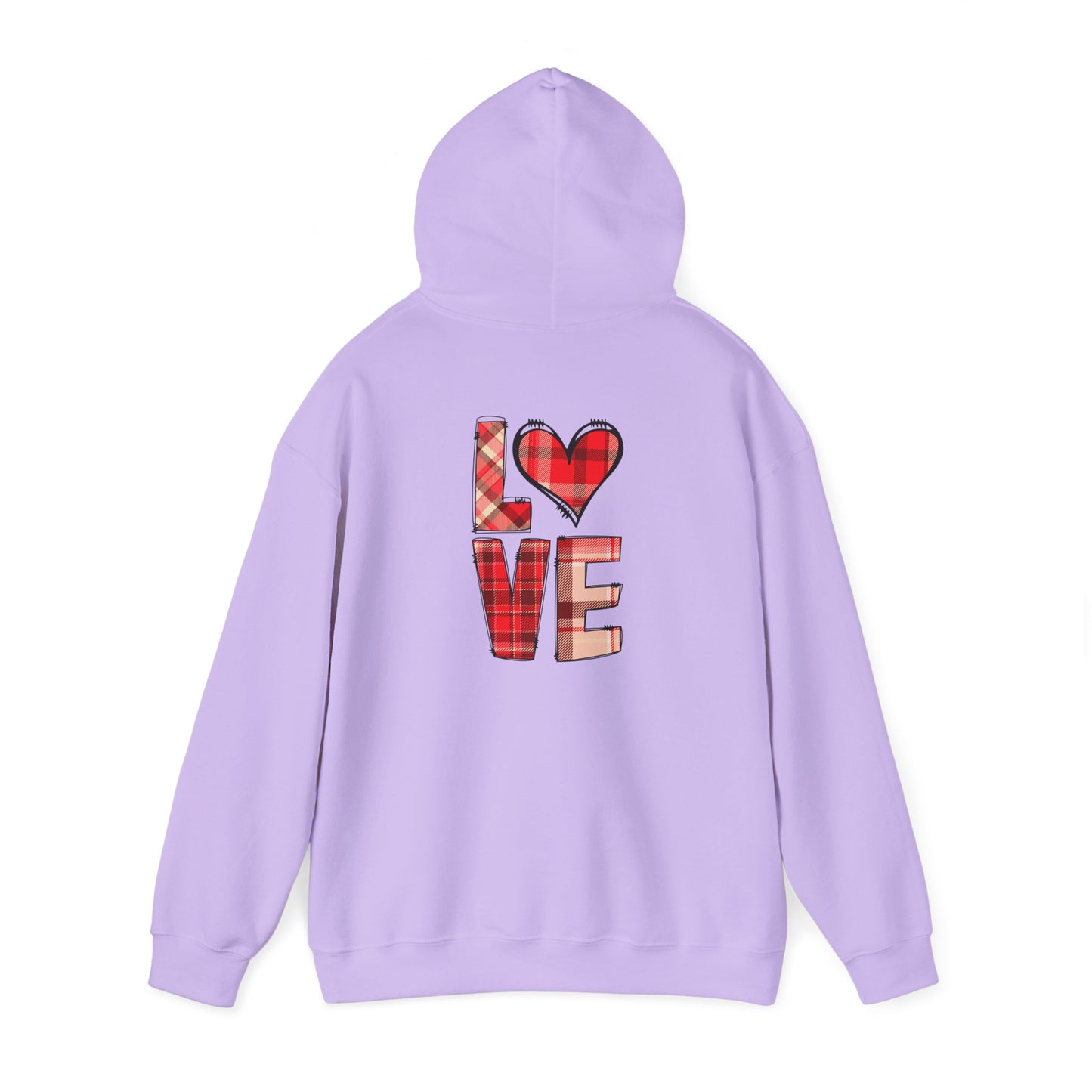 Love Hoodie with Plaid Heart on Front and Bold Love Design on Back