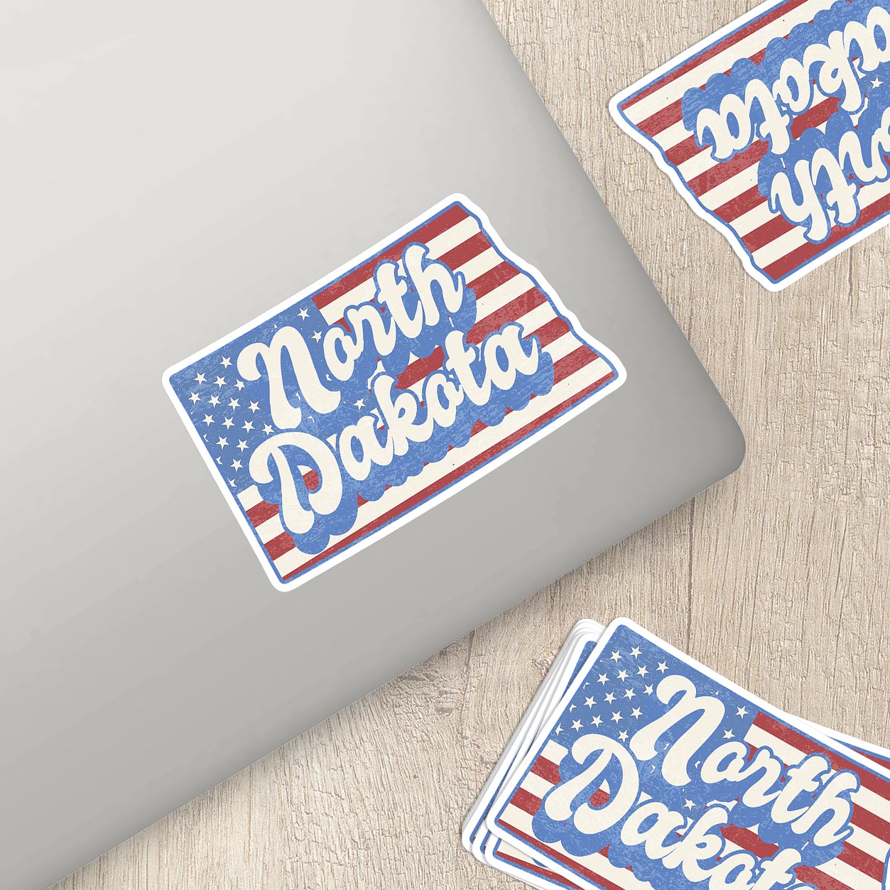 North Dakota State Sticker with American Flag Background | Weatherproof Vinyl Decal