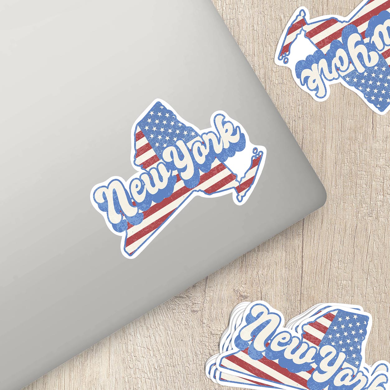 New York State Sticker with American Flag Background | Weatherproof Vinyl Decal