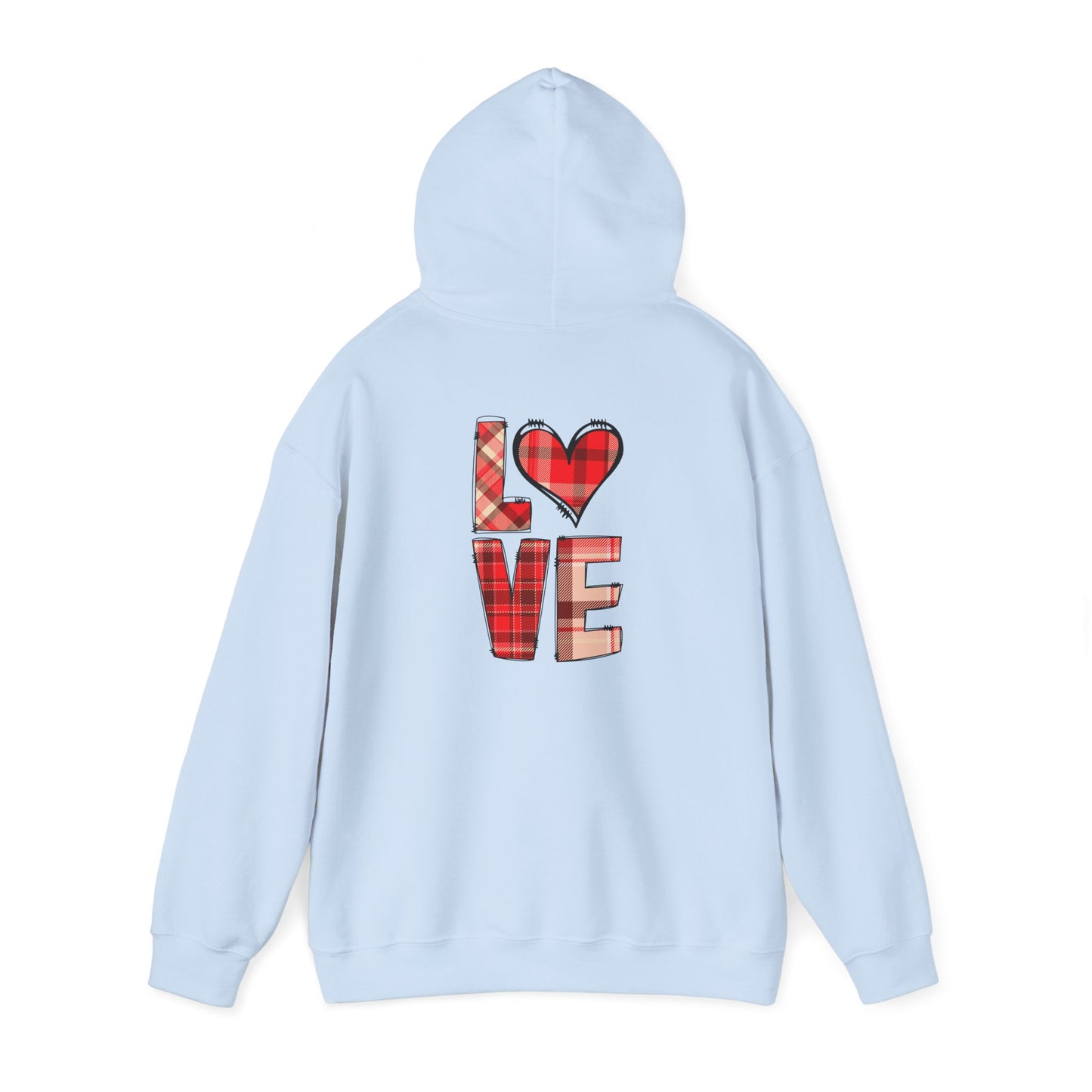 Love Hoodie with Plaid Heart on Front and Bold Love Design on Back
