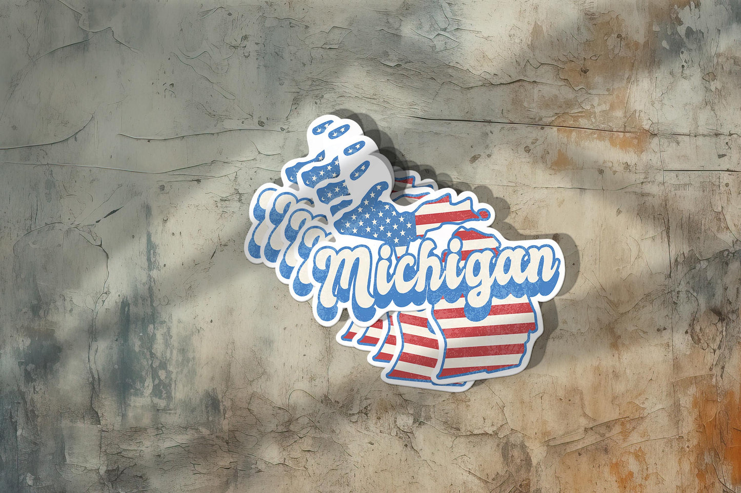 Michigan State Sticker with American Flag Background | Weatherproof Vinyl Decal
