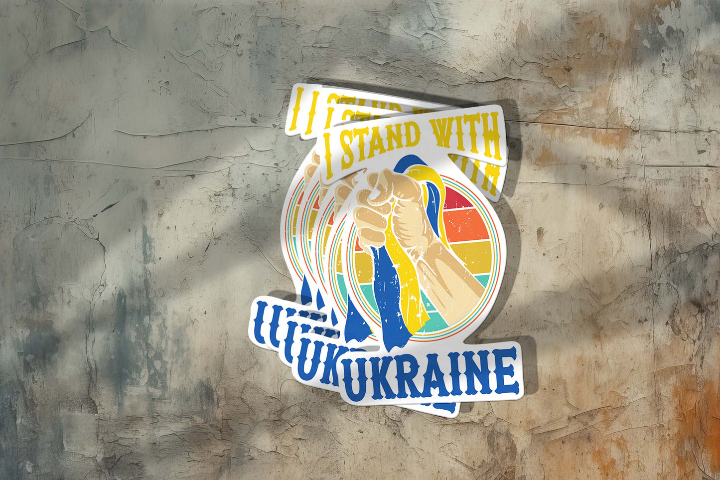 I Stand with Ukraine – Raised Fist Holding Ukrainian Flag Sticker