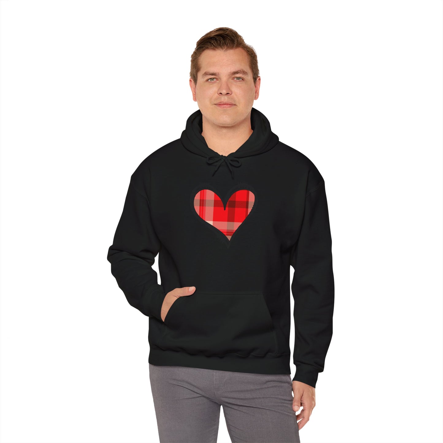 Love Hoodie with Plaid Heart on Front and Bold Love Design on Back