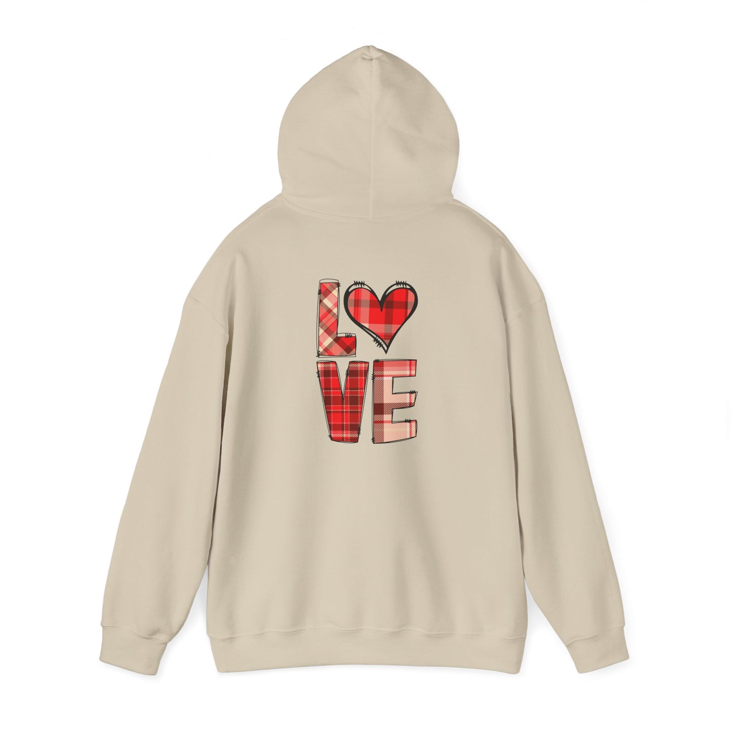Love Hoodie with Plaid Heart on Front and Bold Love Design on Back