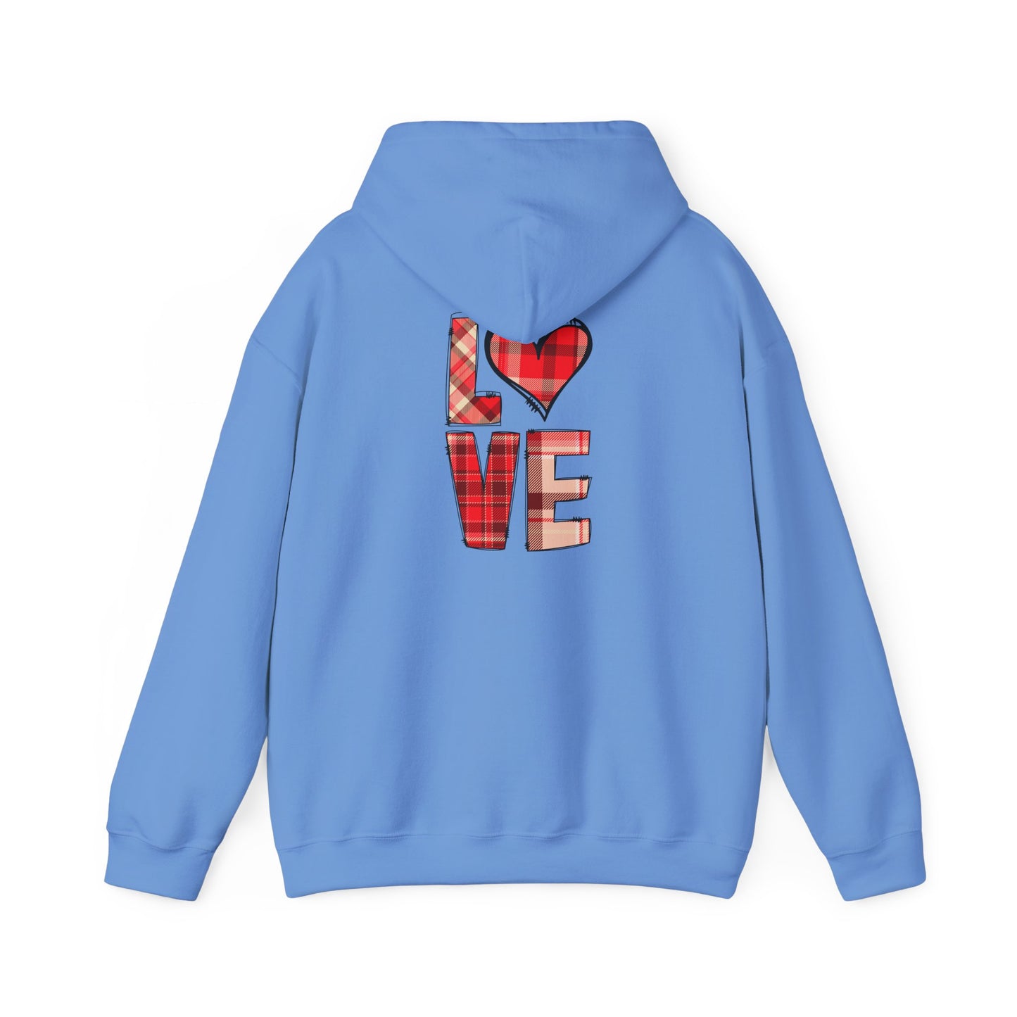 Love Hoodie with Plaid Heart on Front and Bold Love Design on Back