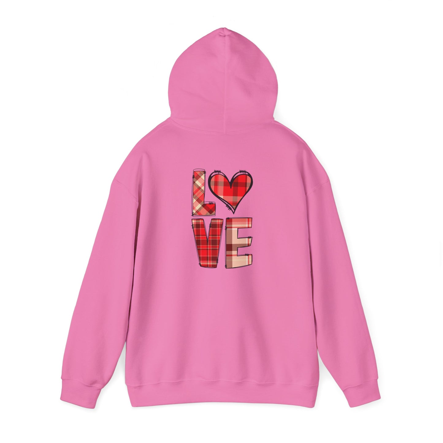 Love Hoodie with Plaid Heart on Front and Bold Love Design on Back