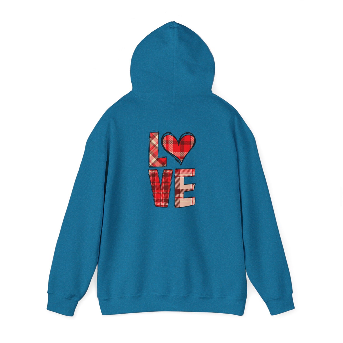 Love Hoodie with Plaid Heart on Front and Bold Love Design on Back
