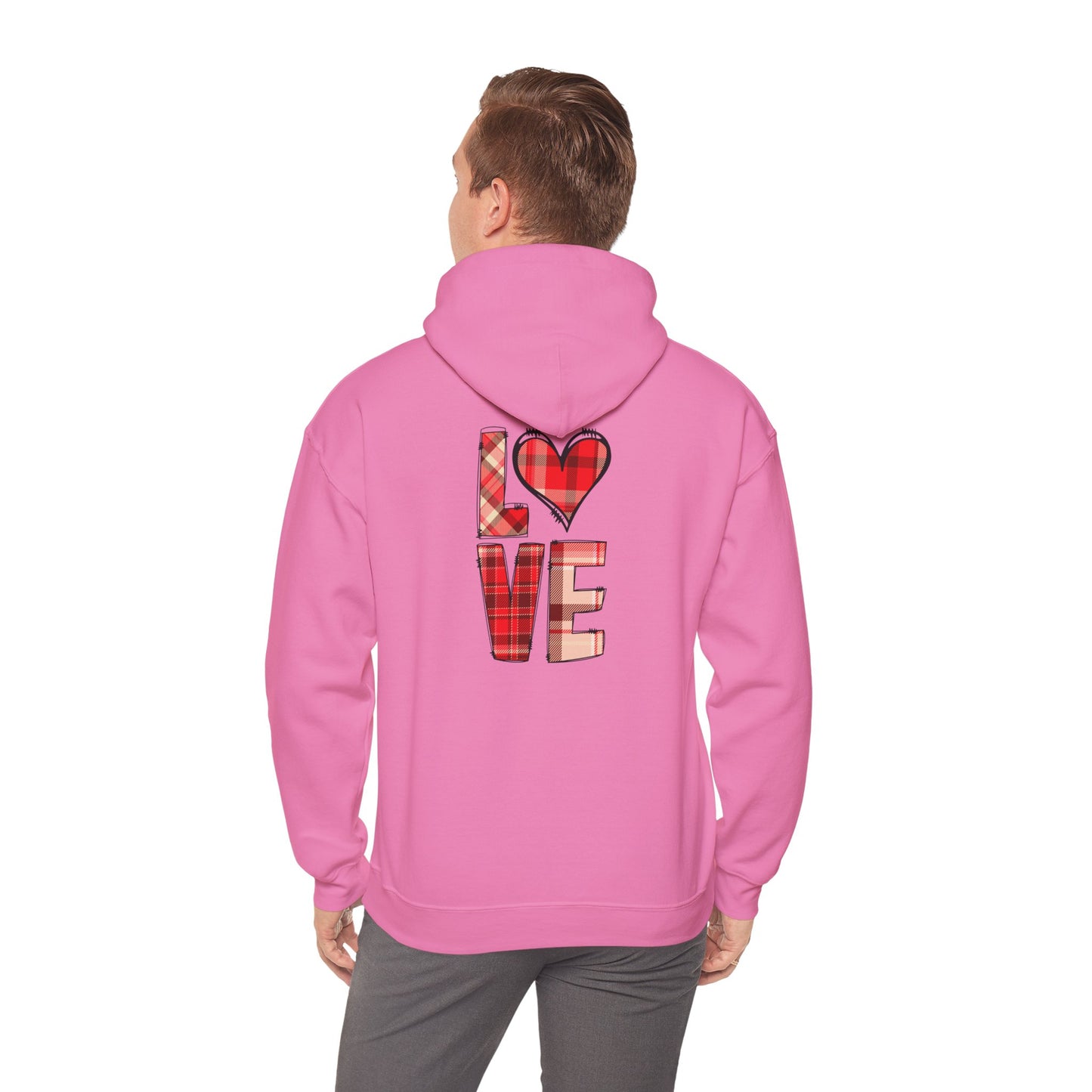 Love Hoodie with Plaid Heart on Front and Bold Love Design on Back