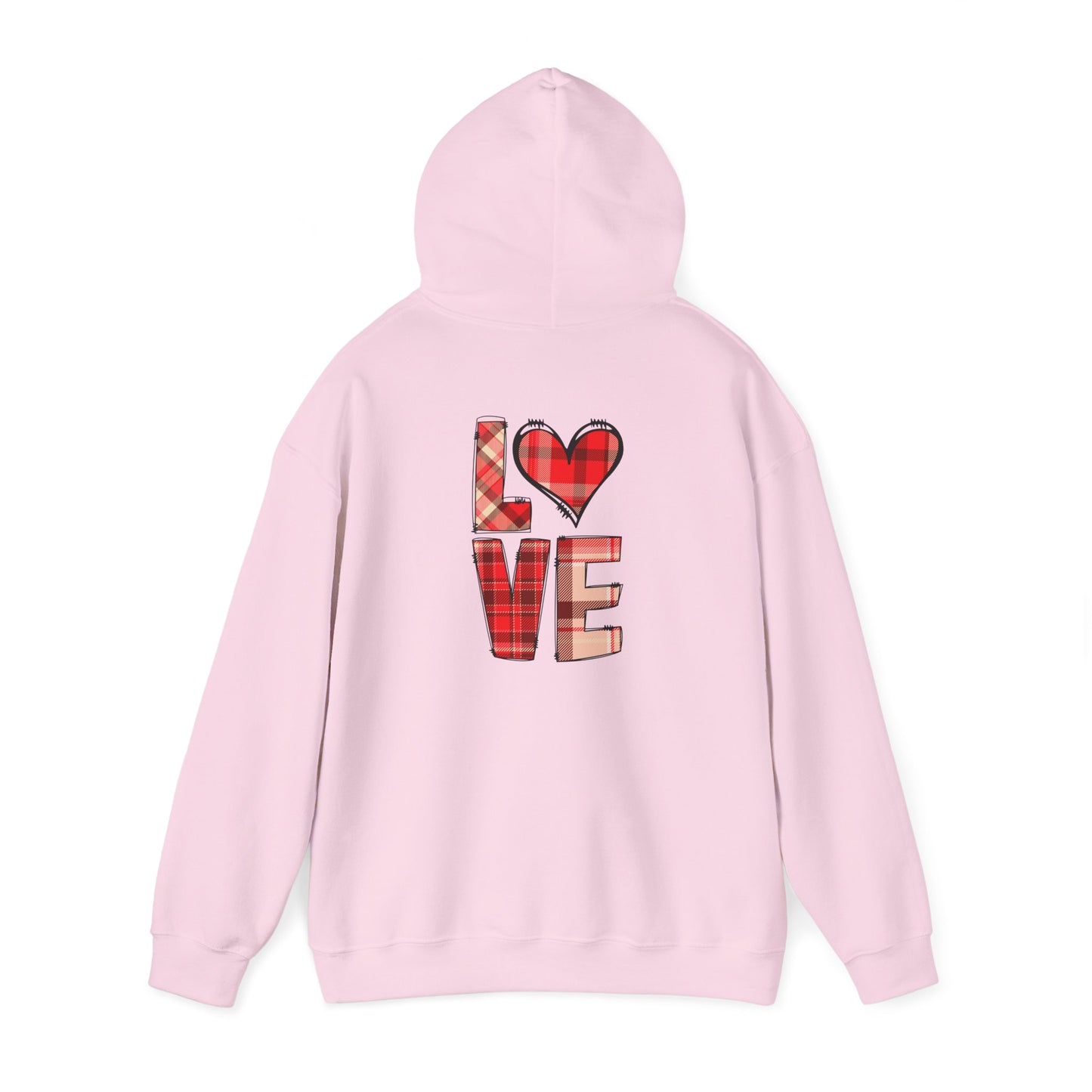 Love Hoodie with Plaid Heart on Front and Bold Love Design on Back