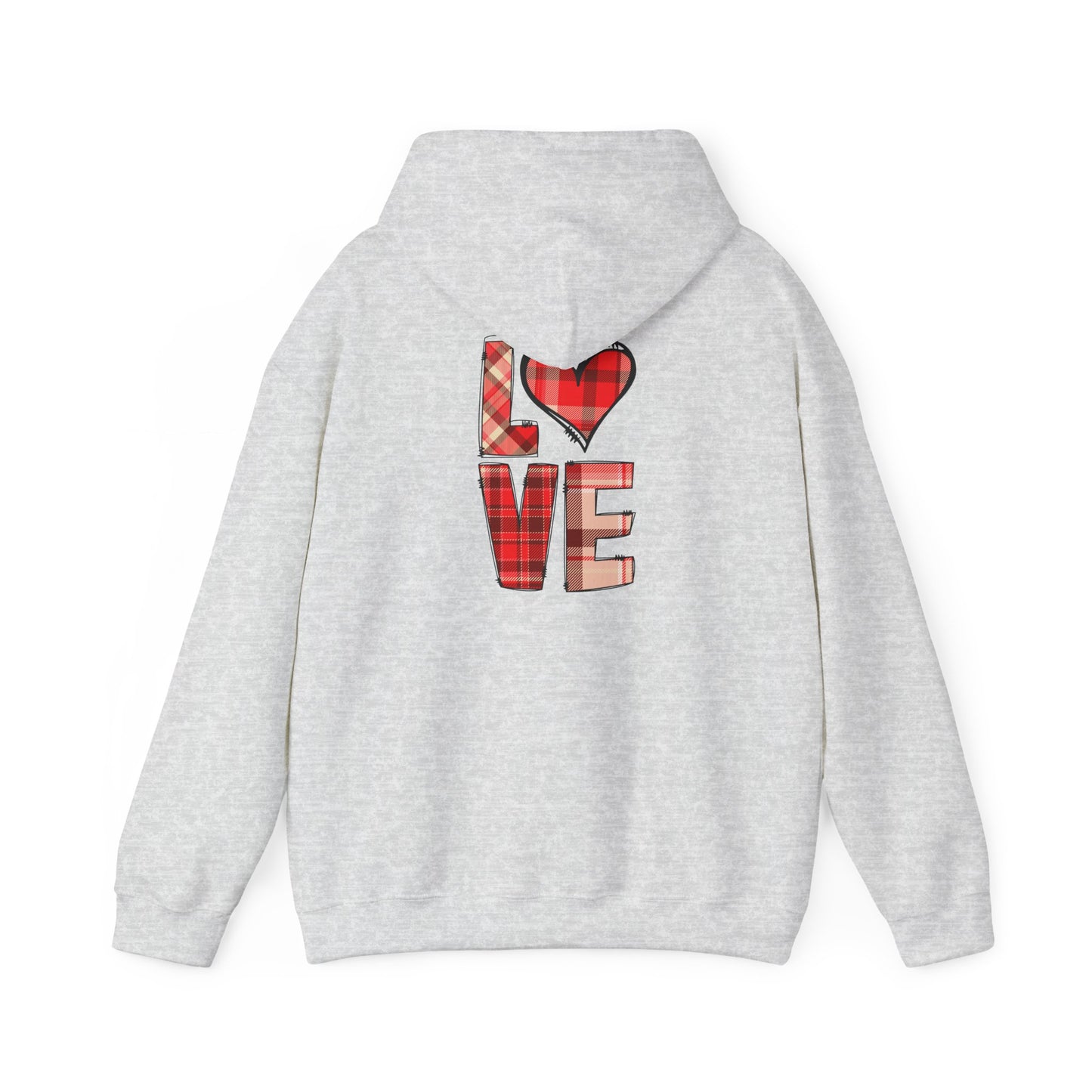 Love Hoodie with Plaid Heart on Front and Bold Love Design on Back