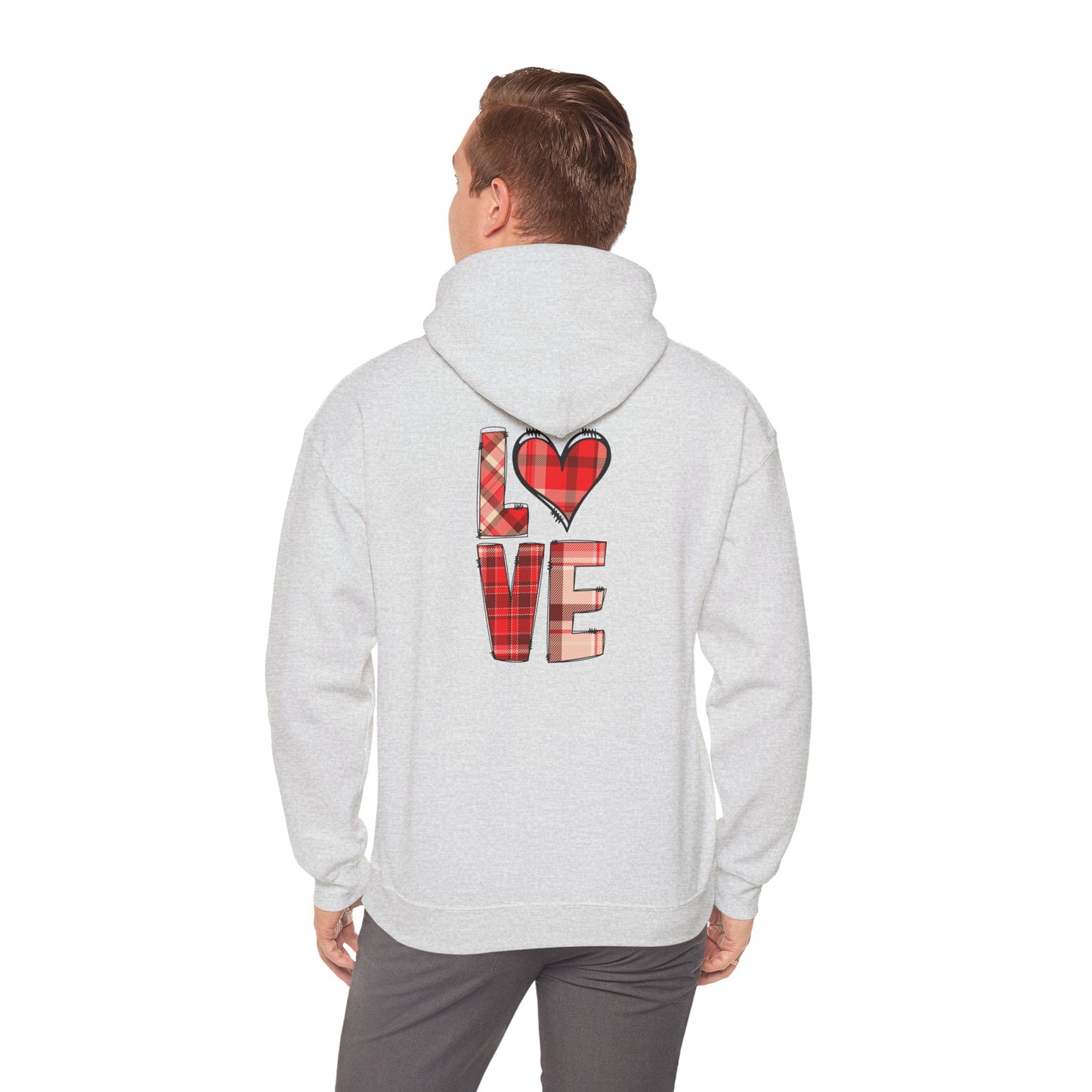 Love Hoodie with Plaid Heart on Front and Bold Love Design on Back