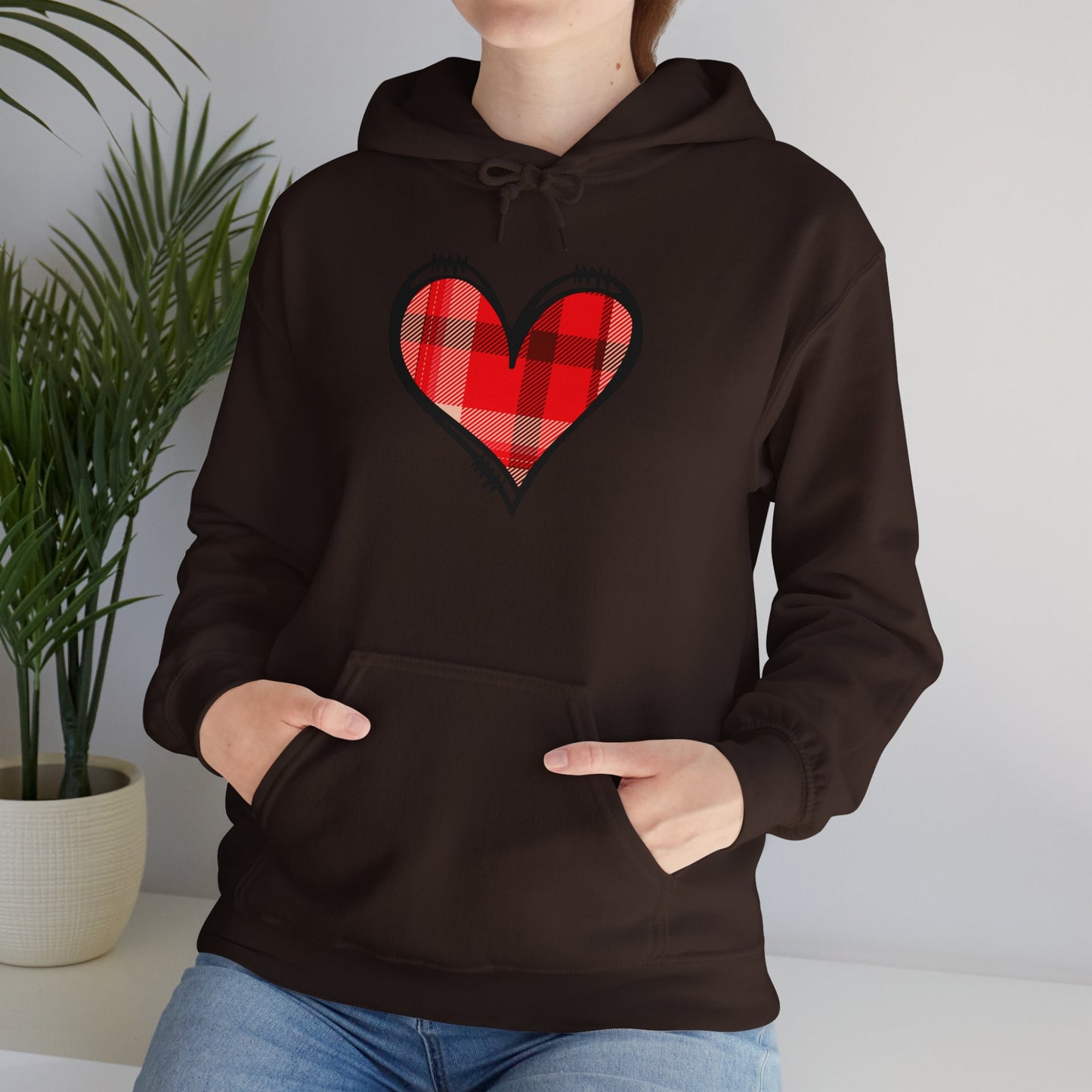 Love Hoodie with Plaid Heart on Front and Bold Love Design on Back