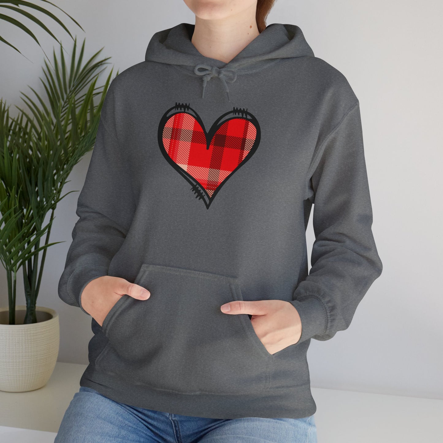 Love Hoodie with Plaid Heart on Front and Bold Love Design on Back