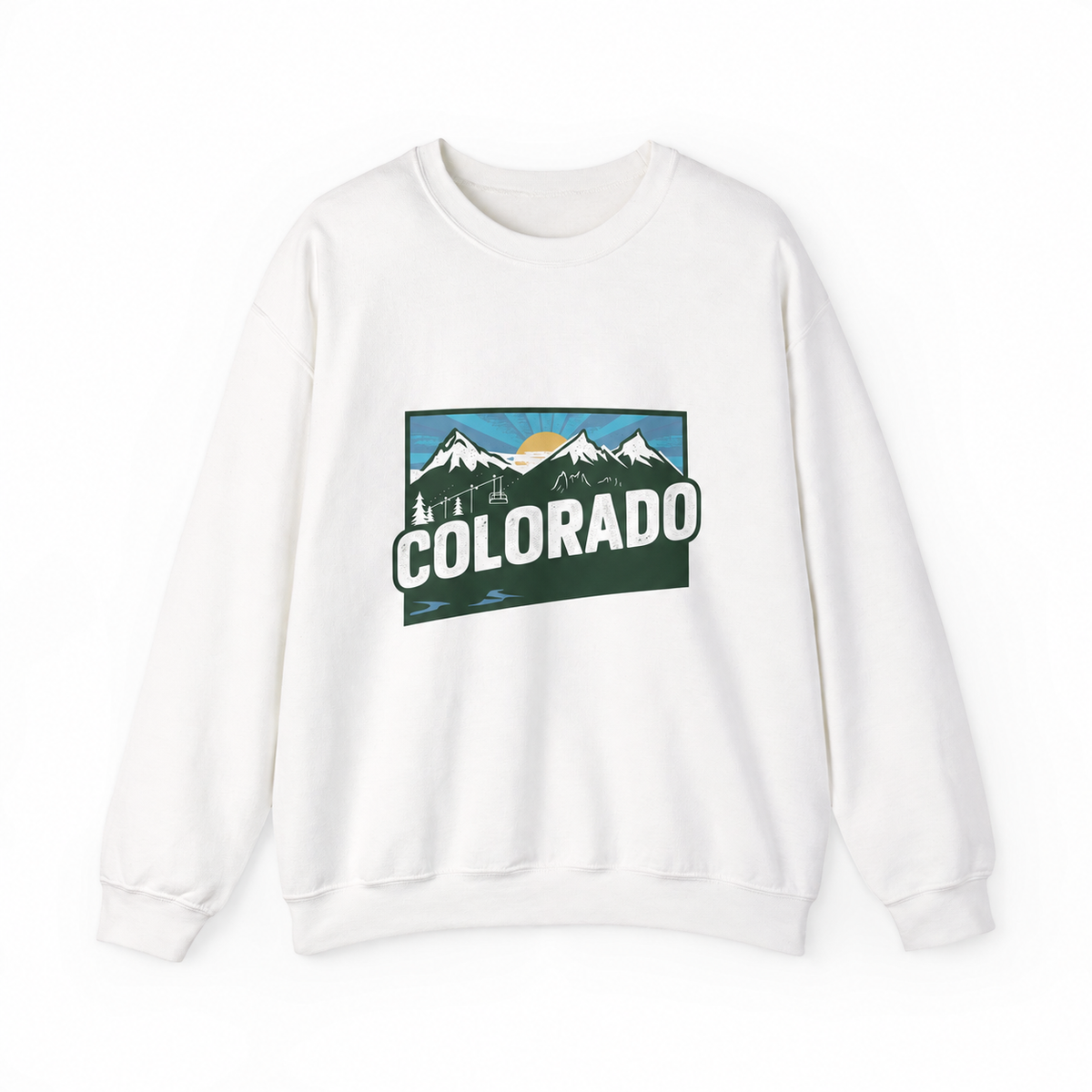 Colorado graphic on a white crewneck sweatshirt