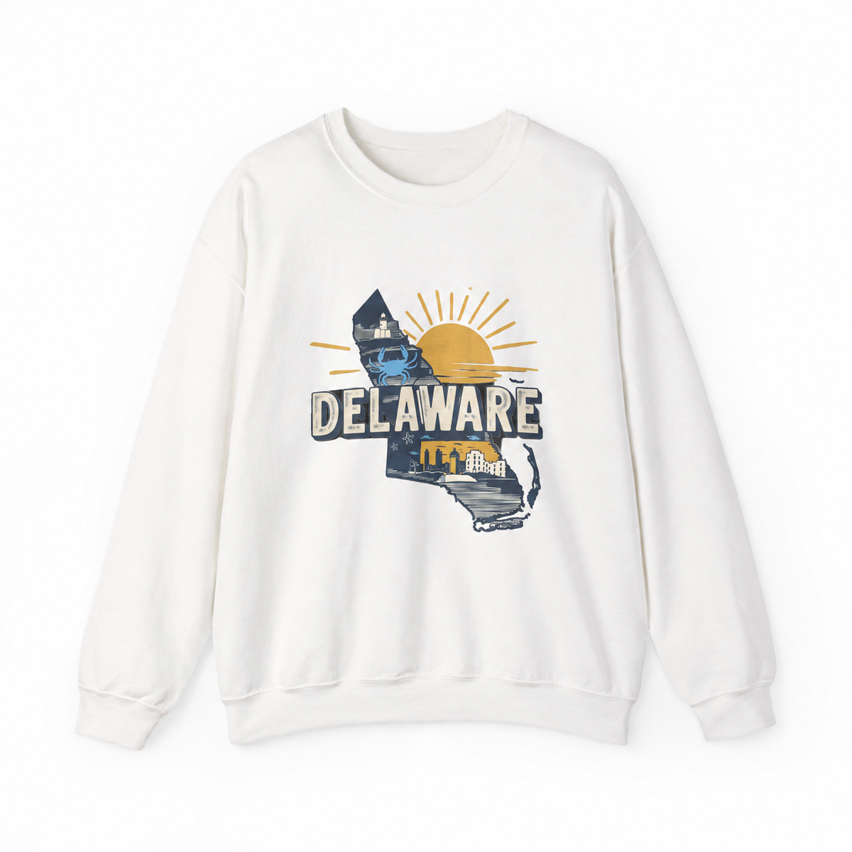 Delaware graphic on a white crewneck sweatshirt