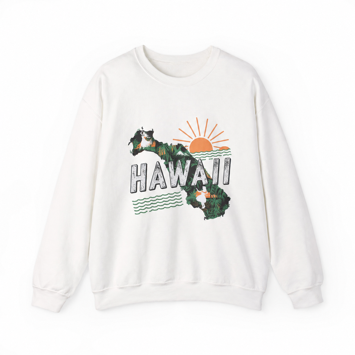 Hawaii graphic on a white crewneck sweatshirt