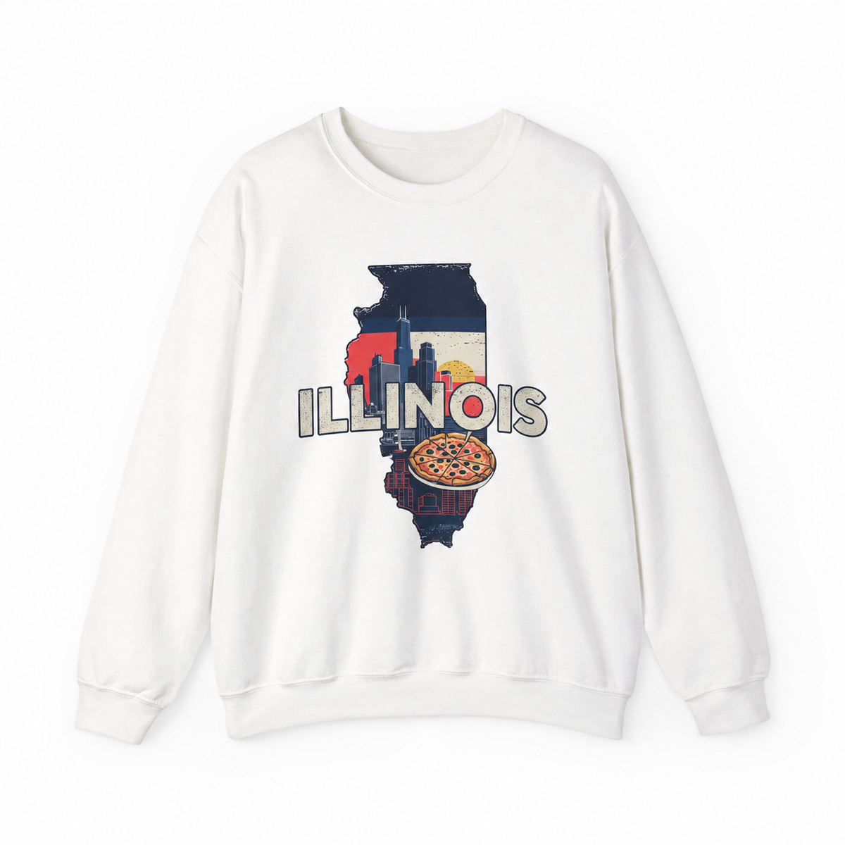 Illinois graphic on a white crewneck sweatshirt