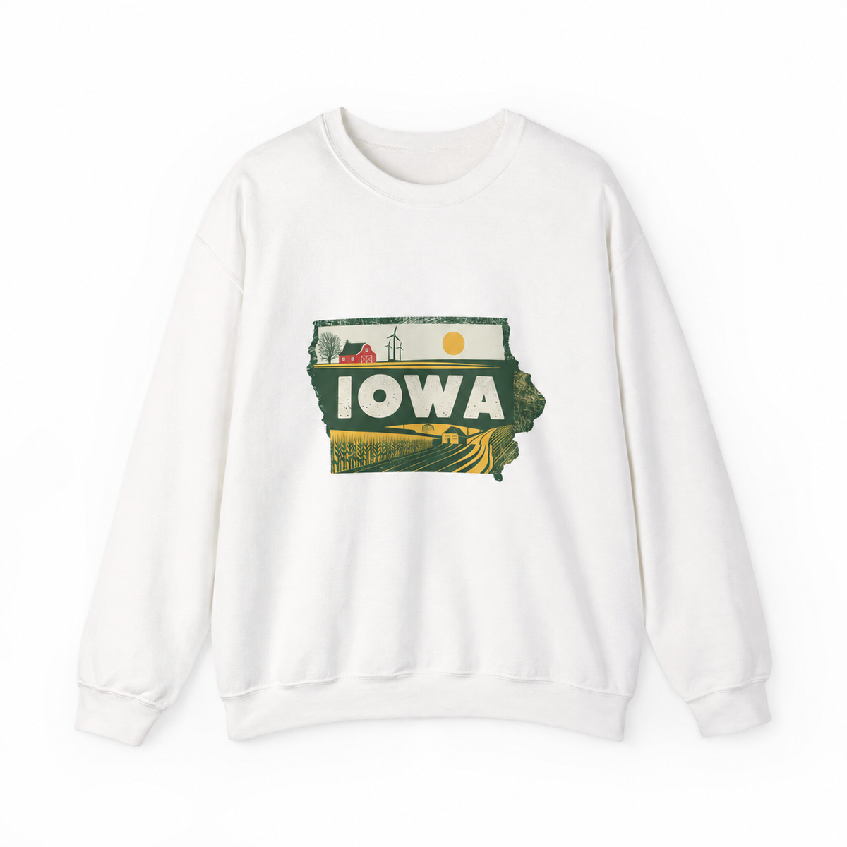 Iowa graphic on a white crewneck sweatshirt