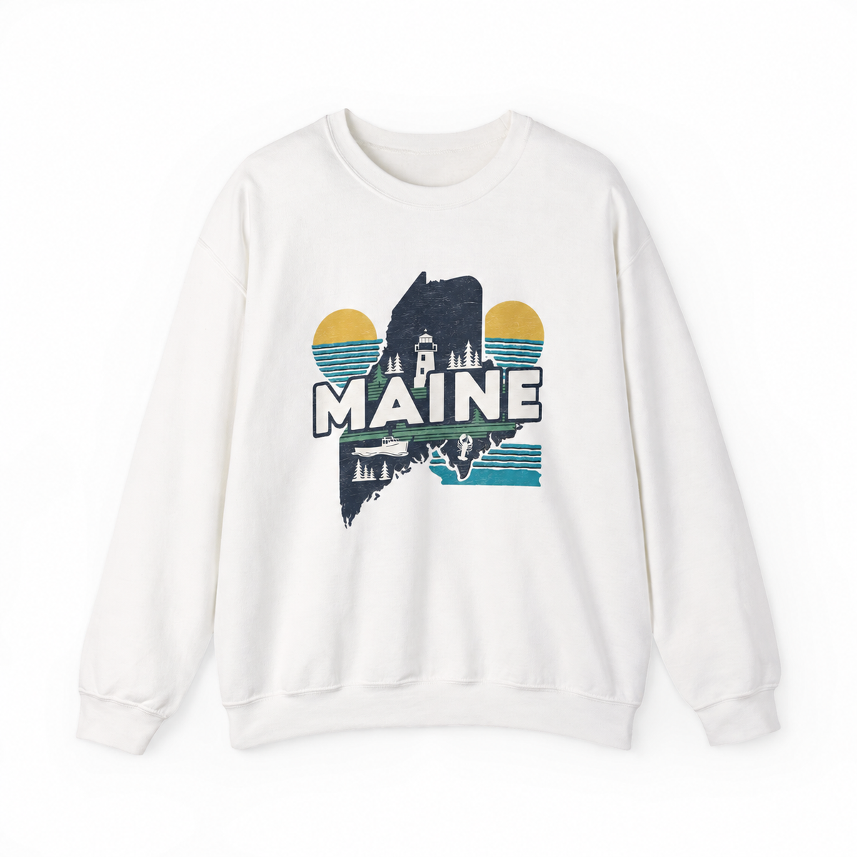 Maine graphic on a white crewneck sweatshirt