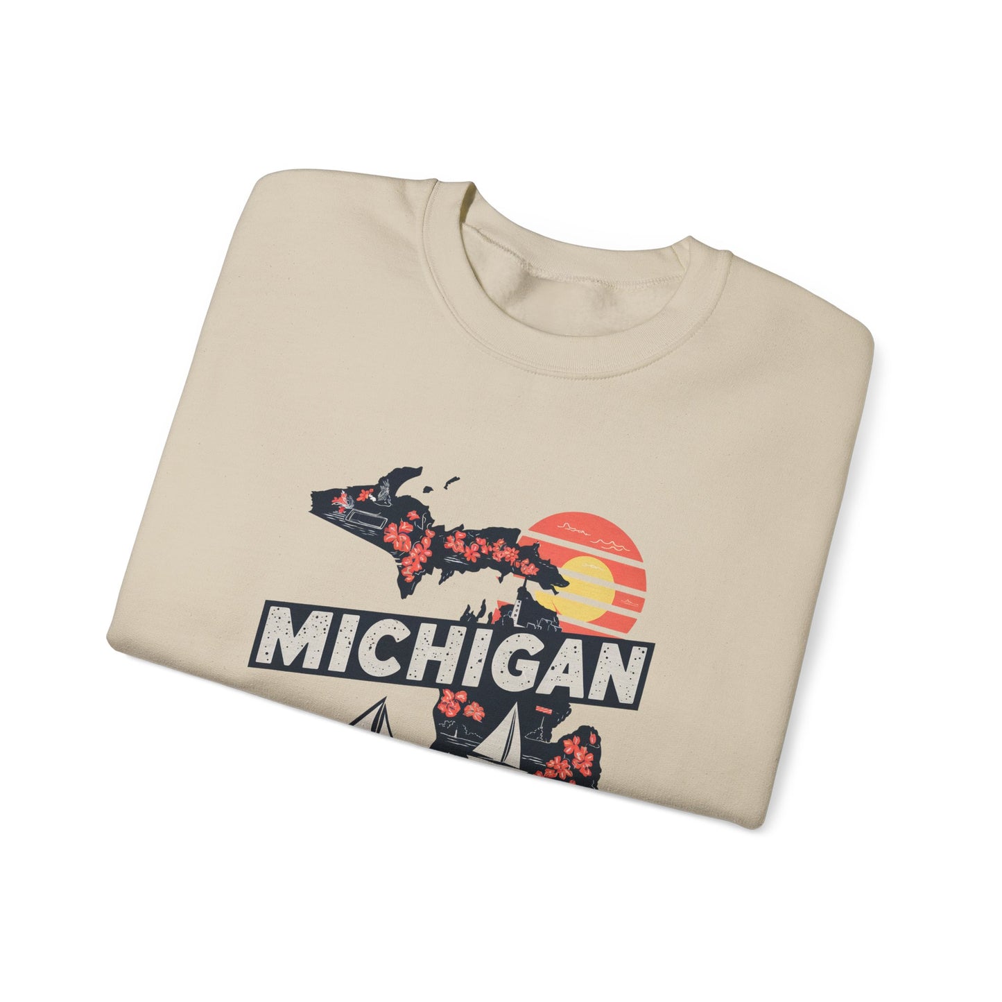 Michigan State Silhouette Sweatshirt | Retro Sunset Sailboat Lakeside