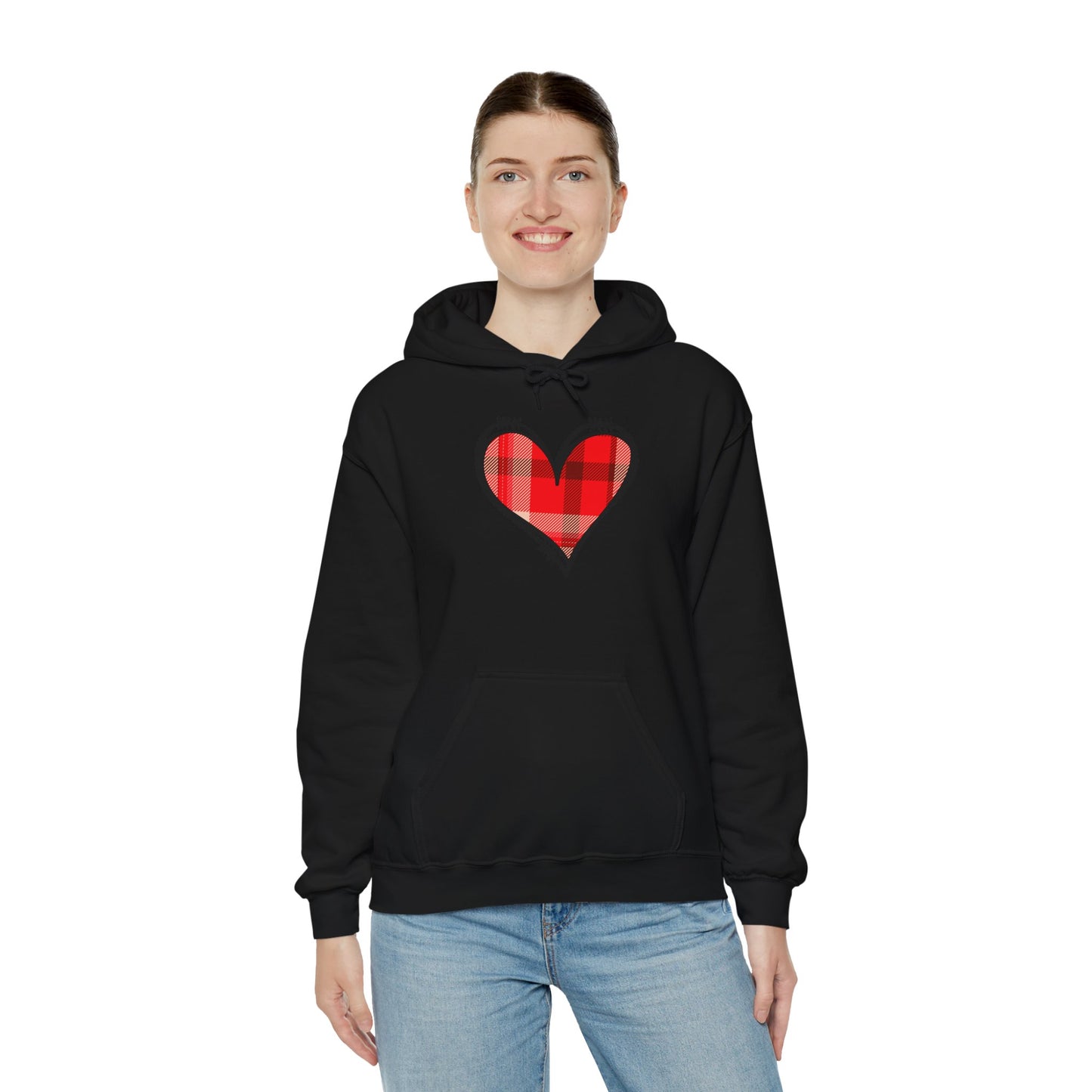 Love Hoodie with Plaid Heart on Front and Bold Love Design on Back