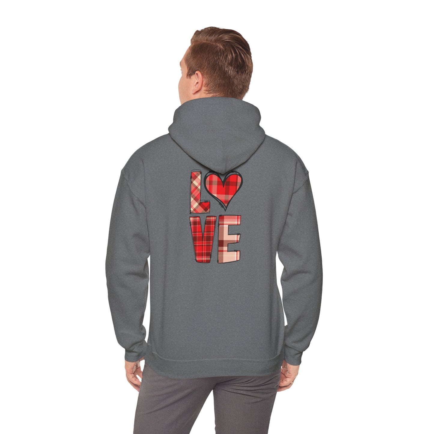 Love Hoodie with Plaid Heart on Front and Bold Love Design on Back