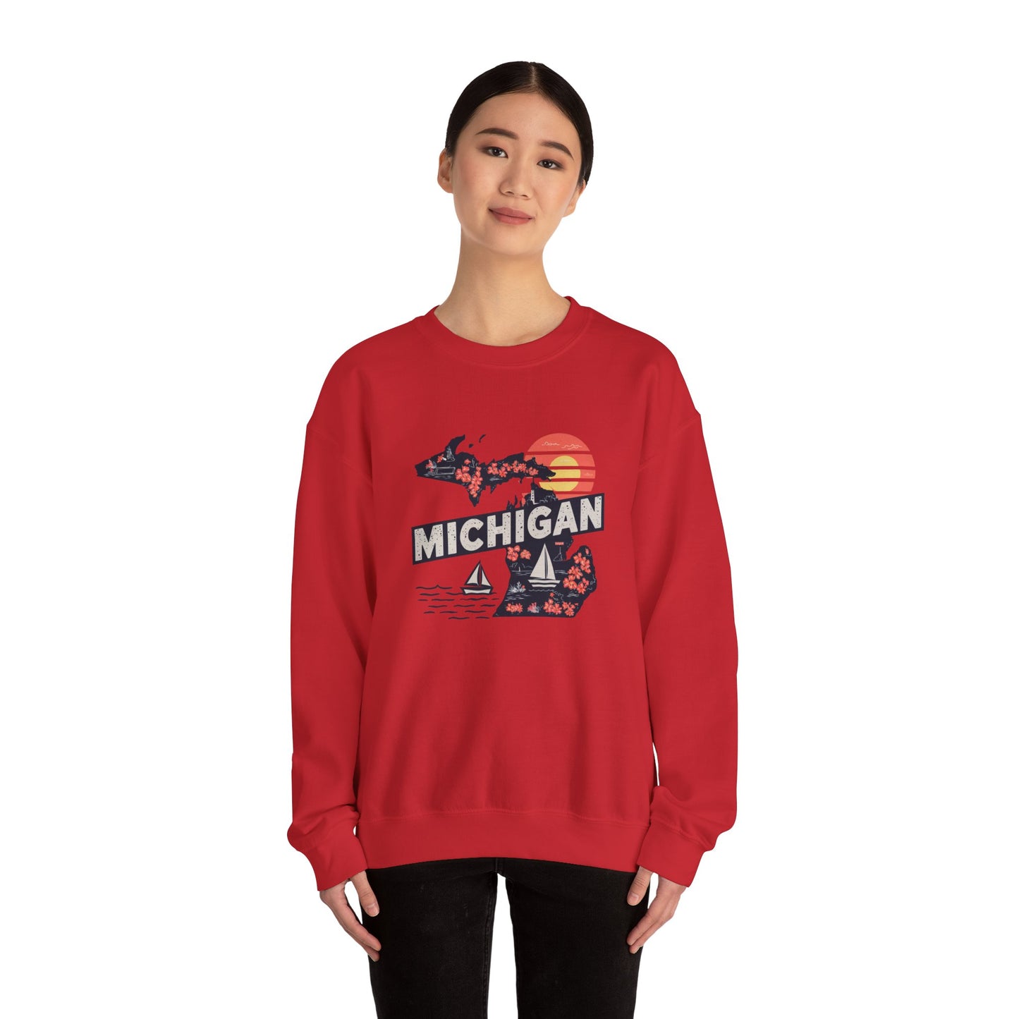 Michigan State Silhouette Sweatshirt | Retro Sunset Sailboat Lakeside